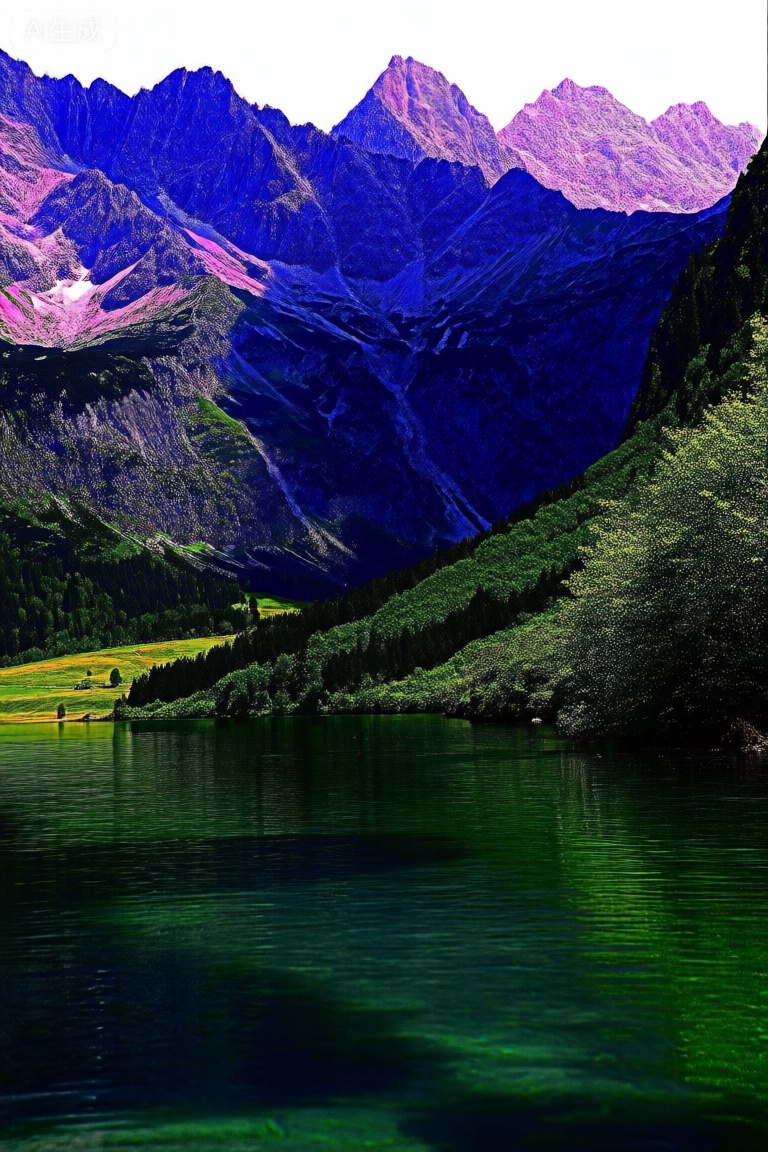 A serene landscape with towering mountains in the background, their peaks touching the sky. In the foreground, a peaceful river winds through lush green valleys, reflecting the vibrant colors of nature. The light casts a soft glow, highlighting the textures of the rocks and trees, creating a harmonious blend of earth and water.