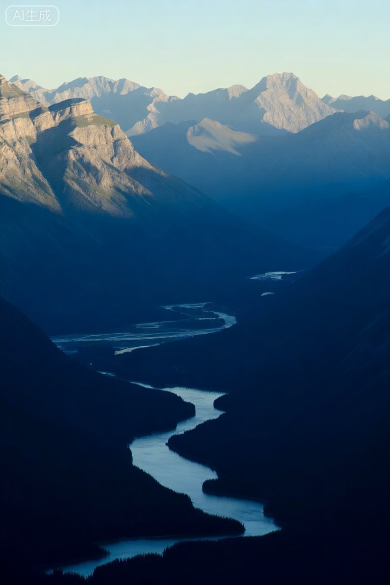 A panoramic view of majestic mountains with winding rivers flowing through lush valleys. The light casts a warm glow, highlighting the rugged peaks and serene waters. The composition focuses on the contrast between the sharp mountain edges and the gentle curves of the rivers, set against a backdrop of clear blue skies.