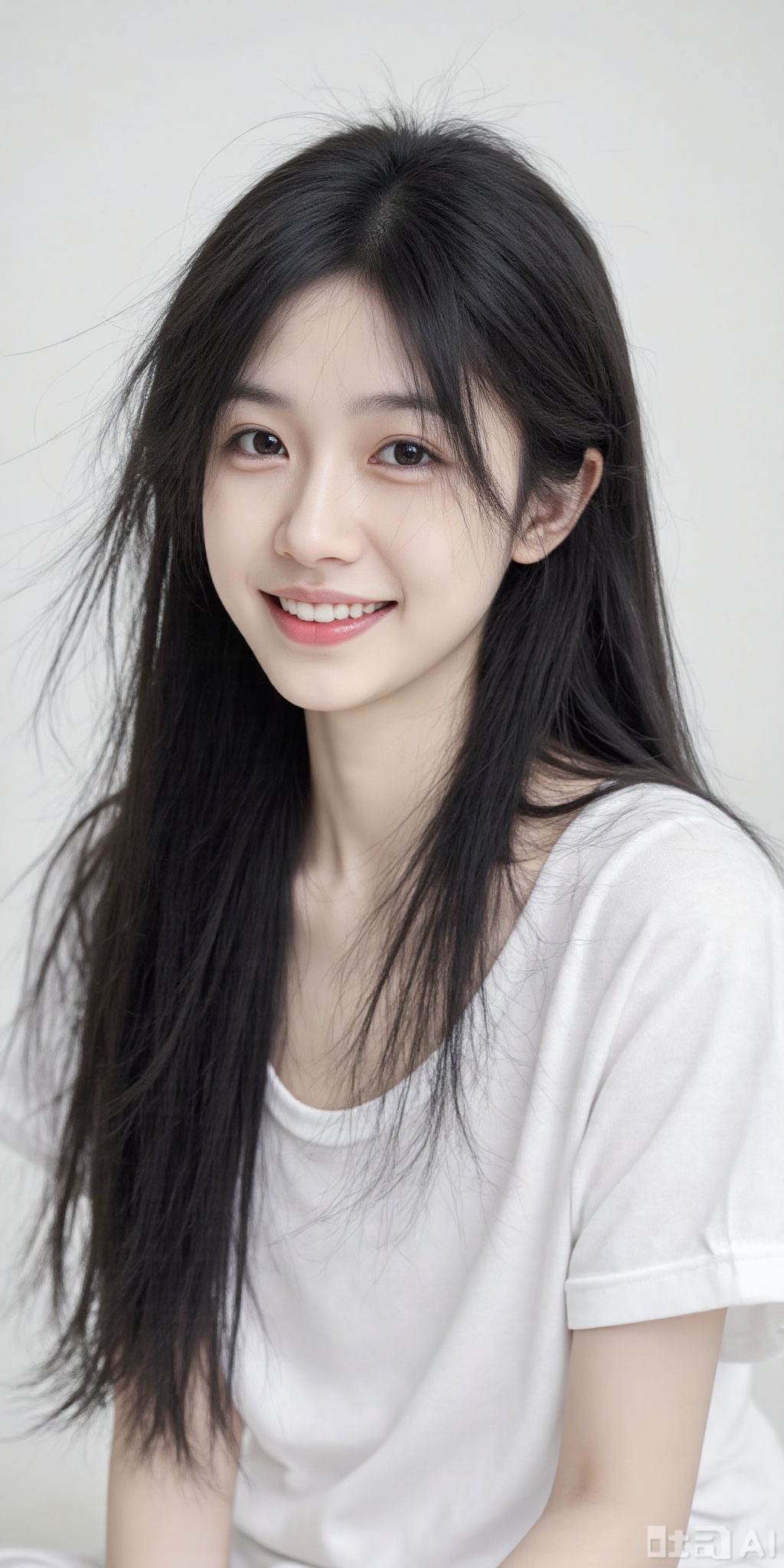 a young Asian woman with long black hair, wearing a white t-shirt, is smiling at the camera. Her eyes are a piercing blue, and her lips are a bright pink. Her hair cascades over her shoulders, framing her face. The background is a stark white, adding a pop of color to the scene.
