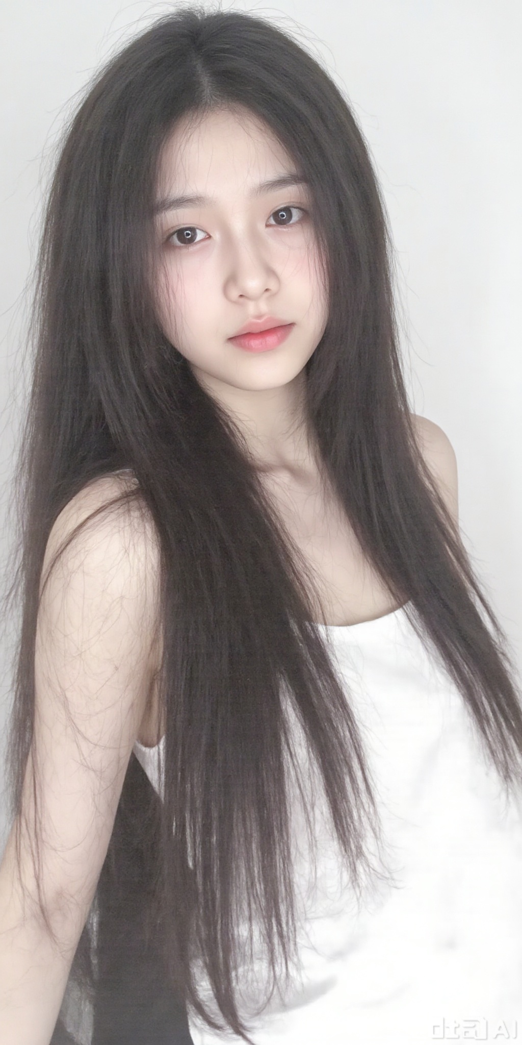 The image shows a young woman with long, dark hair. She is wearing a sleeveless white top and has a neutral expression. The background is plain white, which makes her stand out prominently. There are no non-English characters in the image.