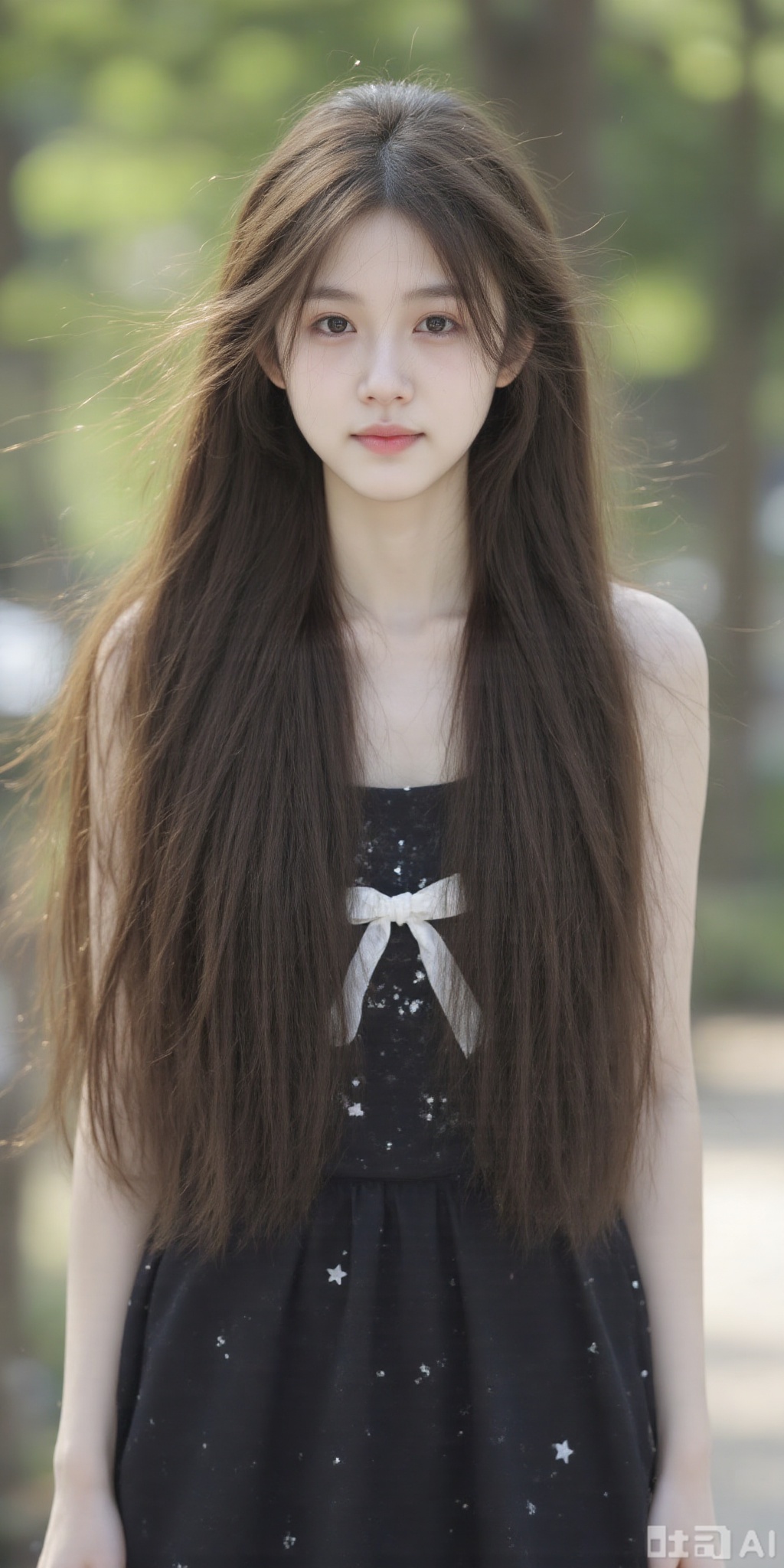 a young Asian girl stands with her long brown hair cascading over her shoulders. She is wearing a black sleeveless dress adorned with white stars and a white bow. Her hair is pulled back in a ponytail, adding a pop of color to her face. The backdrop is blurred, suggesting a natural setting.