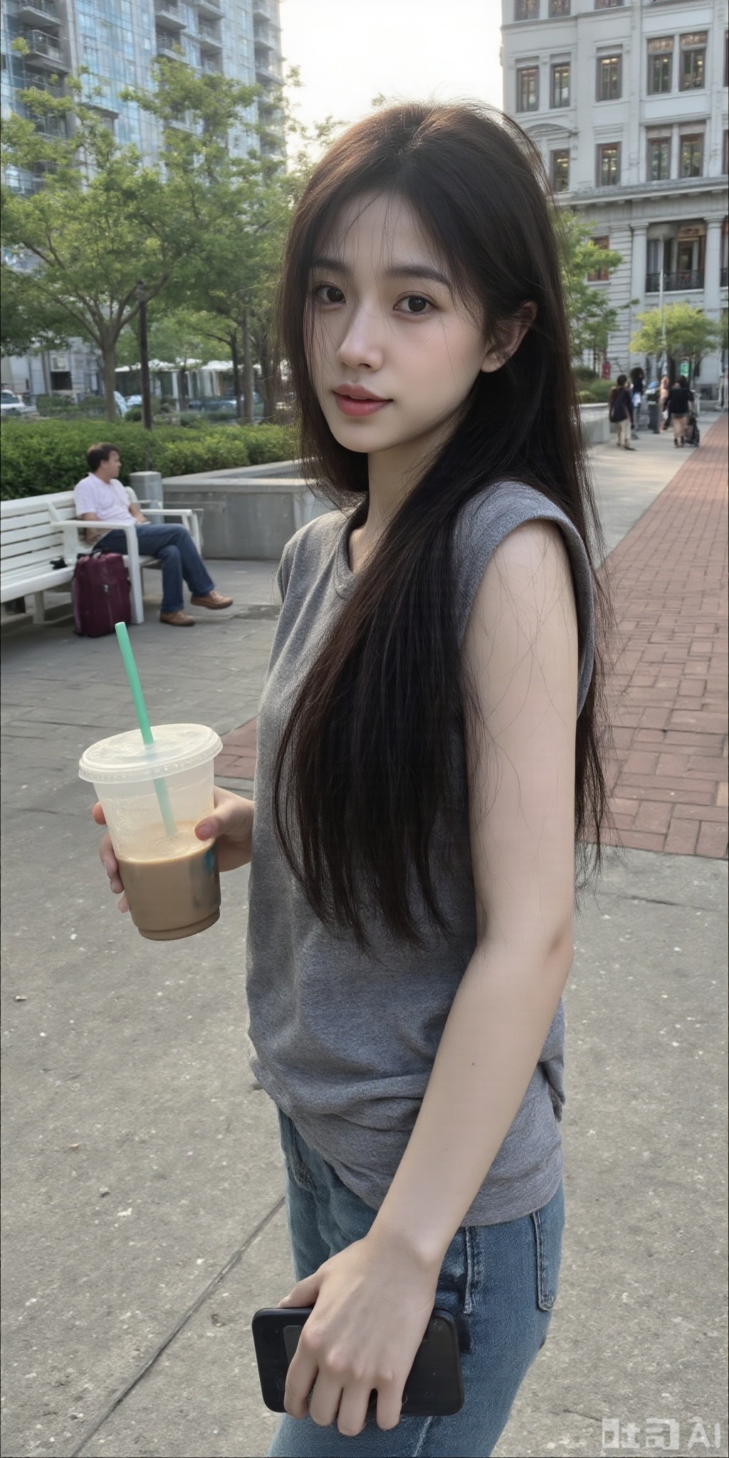 a medium-sized Asian woman with long, straight brown hair, wearing a gray sleeveless shirt, is holding a cup of coffee with a green straw in her left hand and a black phone in her right hand. Her right arm is adorned with two tattoos, one on each arm and the other on her left arm. She is standing on a sidewalk in front of a brick walkway, with a man sitting on a white bench in the background. Two people are walking on the walkway in the distance. A tall building with glass windows can be seen in the upper left corner of the image.