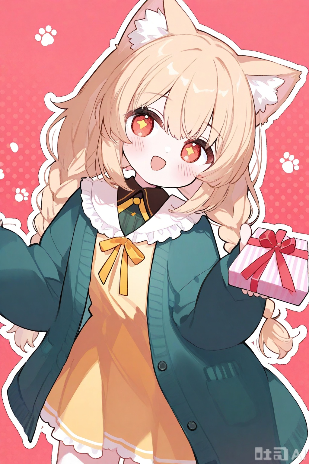 1girl, :d, animal ear fluff, animal ears, blonde hair, blush, braid, cardigan, cat ears, cat girl, chibi, collared dress, contrast collar, cowboy shot, double-parted bangs, dress, frilled shirt collar, frills, gift, green cardigan, hair between eyes, holding, holding gift, long hair, long sleeves, looking at viewer, mismatched pupils, open cardigan, open clothes, open mouth, outline, polka dot, polka dot background, red eyes, smile, star-shaped pupils, star \(symbol\), symbol-shaped pupils, twin braids, white outline, yellow dress