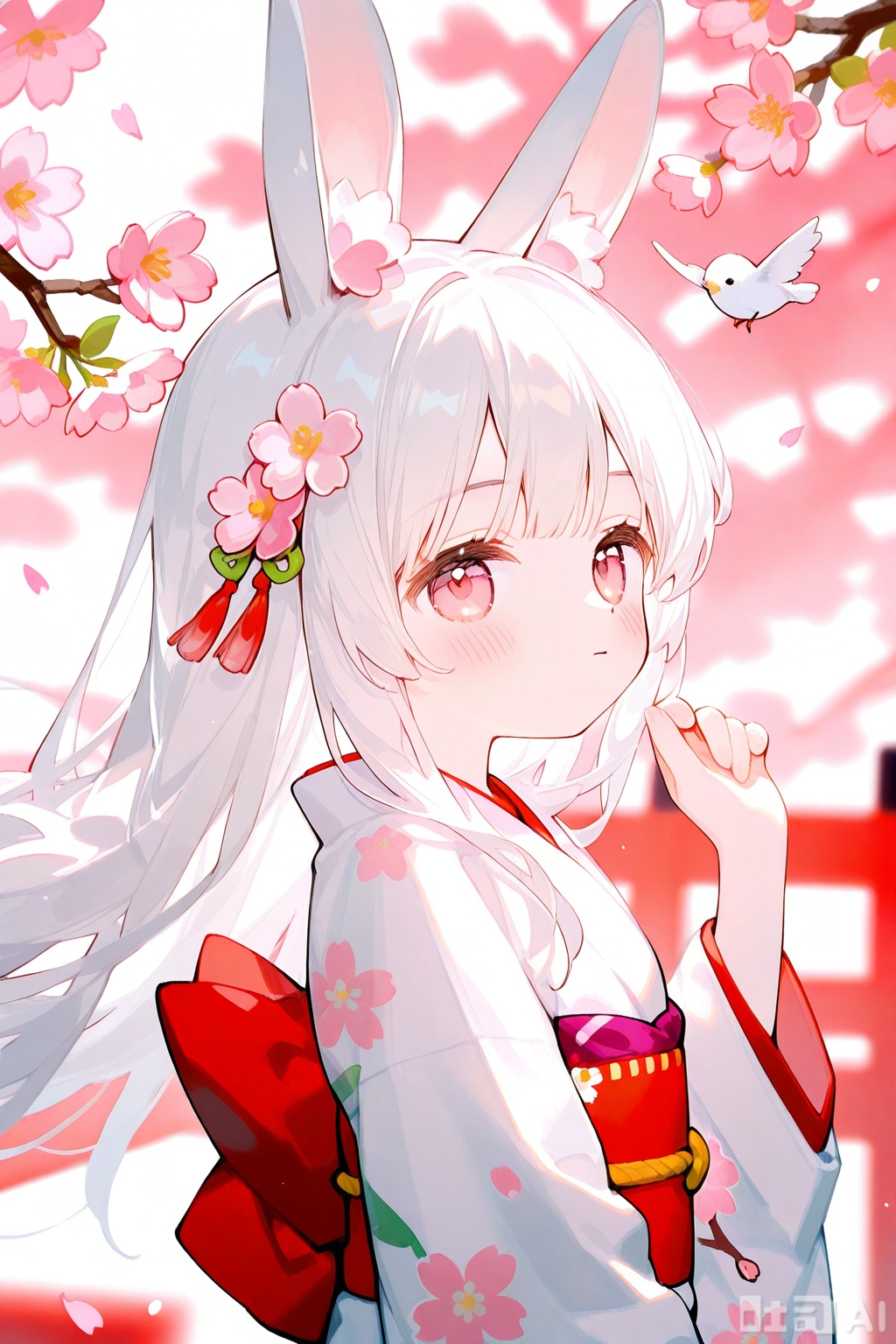 1girl, solo, long hair, looking at viewer, blush, bangs, hair ornament, red eyes, long sleeves, bow, animal ears, closed mouth, upper body, flower, white hair, japanese clothes, hand up, hair flower, wide sleeves, pink eyes, kimono, rabbit ears, from side, sash, floating hair, bird, obi, floral print, cherry blossoms, pink flower, white kimono, branch, print kimono