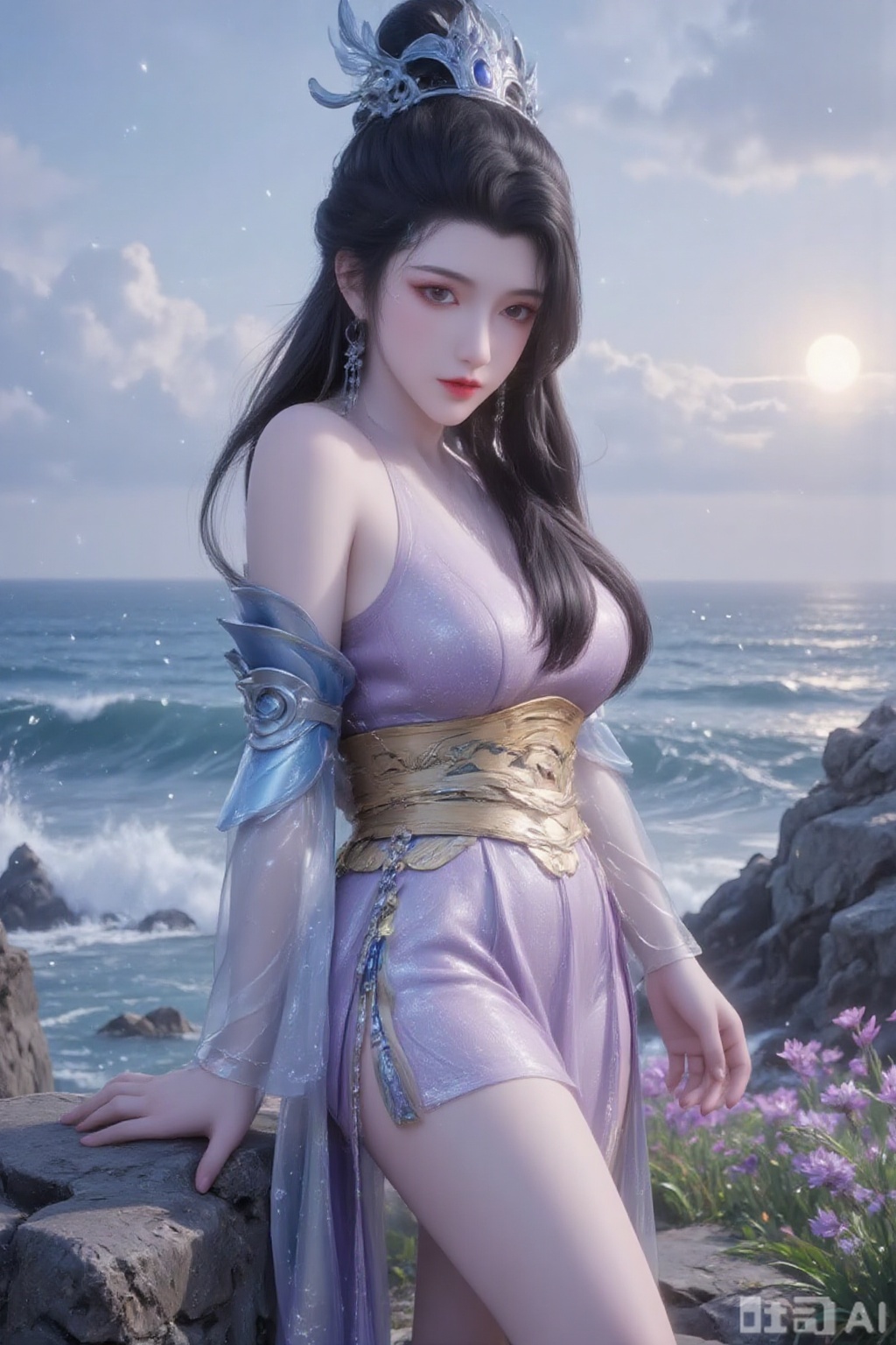 1girl,mature,solo facing away from the audience,big buttocks,plump,curvy,actress,idol,**** top,side slit,panorama,long eyelashes,very delicate makeup,showcasing buttocks and genital area,sfw,close-up shooting,Kodak camera,rich details,1 woman,condole belt Chinese clothing,transparent material,cyberwear,a bikini made of silk,lace stockings,dragon scale decoration,high heels,on the seaside boulder,looking at the audience,stand with your back to the audience and squint,long legs,high ponytail,hair flying in the wind,looking_at_viewer,crystal beautiful illustration,guoman