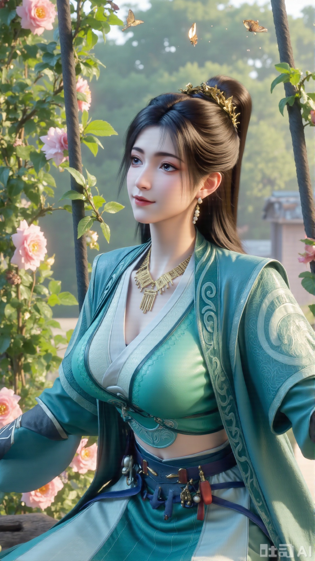  (masterpiece, best quality:1.2),In a cinematic shot with soft sunlight filtering through petals, a delicate fairy-like beauty swings gently on a flower swing amidst a whimsical garden. She wears a pale blue hanfu with flowing wide sleeves and a translucent silk sash tied around her slender figure. Her long black hair with blue highlights cascades down her back, adorned with a pearl hairpin. A gentle smile plays on her innocent eyes as she floats above the flowers, surrounded by fluttering butterflies and golden pollen particles. Magical runes float in the air, casting an ethereal glow. Vines wrap around the ropes of the swing, intertwined with roses and morning glories. The pastel color palette and fantasy atmosphere evoke a sense of wonder and enchantment.,(huge breasts:2.99),(full breasts:2.99),,Xbigbreasts,Xxinghuanwang001,XmupeulingHY3,XlujiajiaYH,XmupeulingHY2,XQueenMedusa