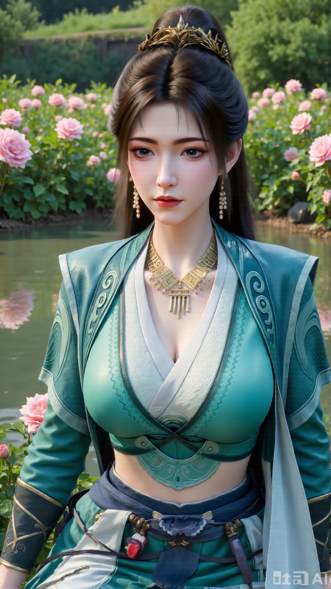 (masterpiece:1.2),best quality,,A woman ,(dress). black Stockings, high heels,,featuring a flowing robe with intricate embroidery and floral accents. A garden filled with pink roses and lush greenery. Soft pastel hues of white,blue,and green,creating a serene atmosphere. Photorealistic photography.,,(huge breasts:2.99),(full breasts:2.99),Xbigbreasts,Xxinghuanwang001,XmupeulingHY3,XlujiajiaYH,XmupeulingHY2,XQueenMedusa