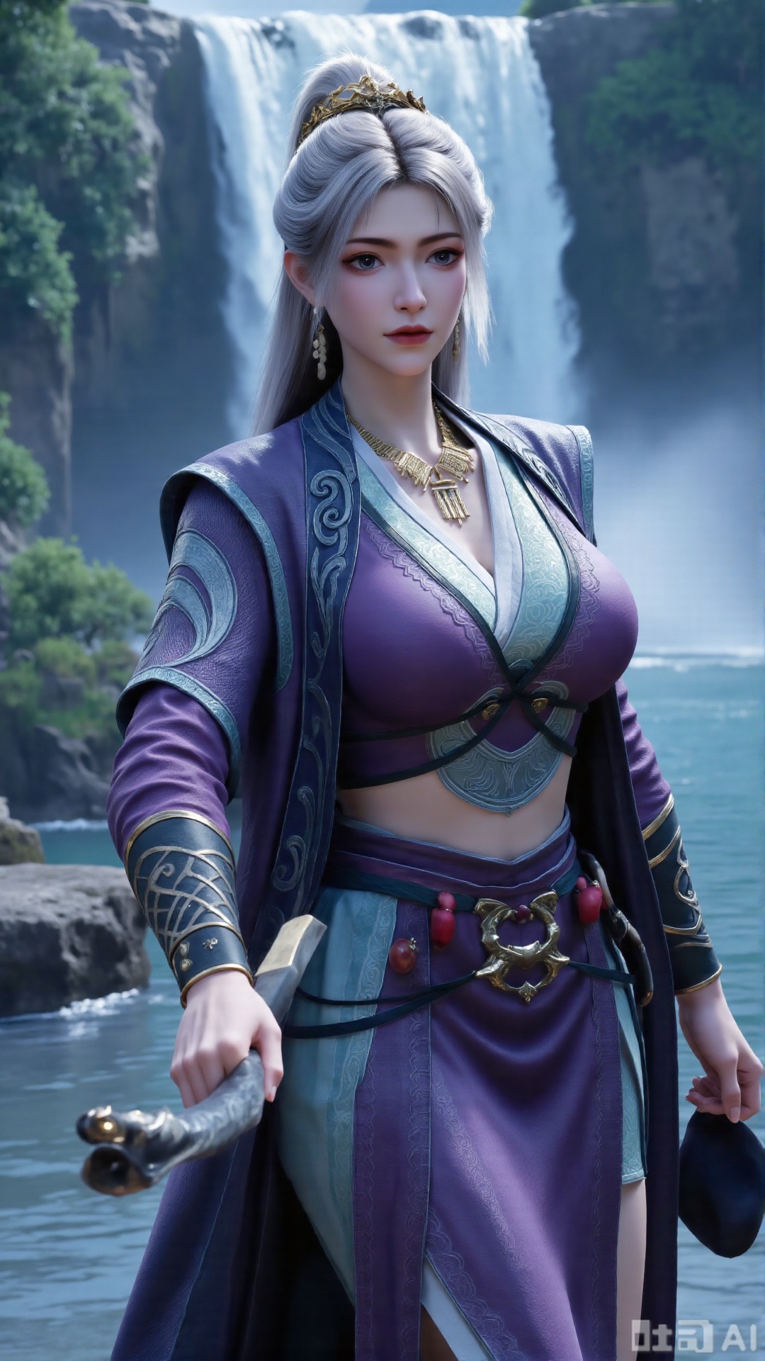 (masterpiece,best quality:1.23),Dominant sister-type girl, purple velvet ancient style long dress, perfect body, in a valley with a rushing waterfall, holding a long sword, sharp gaze, mist pervading, magnificent aura.(huge breasts, full breasts:2.99),,Xbigbreasts,Xxinghuanwang001,XmupeulingHY3,XlujiajiaYH,XmupeulingHY2,XQueenMedusa