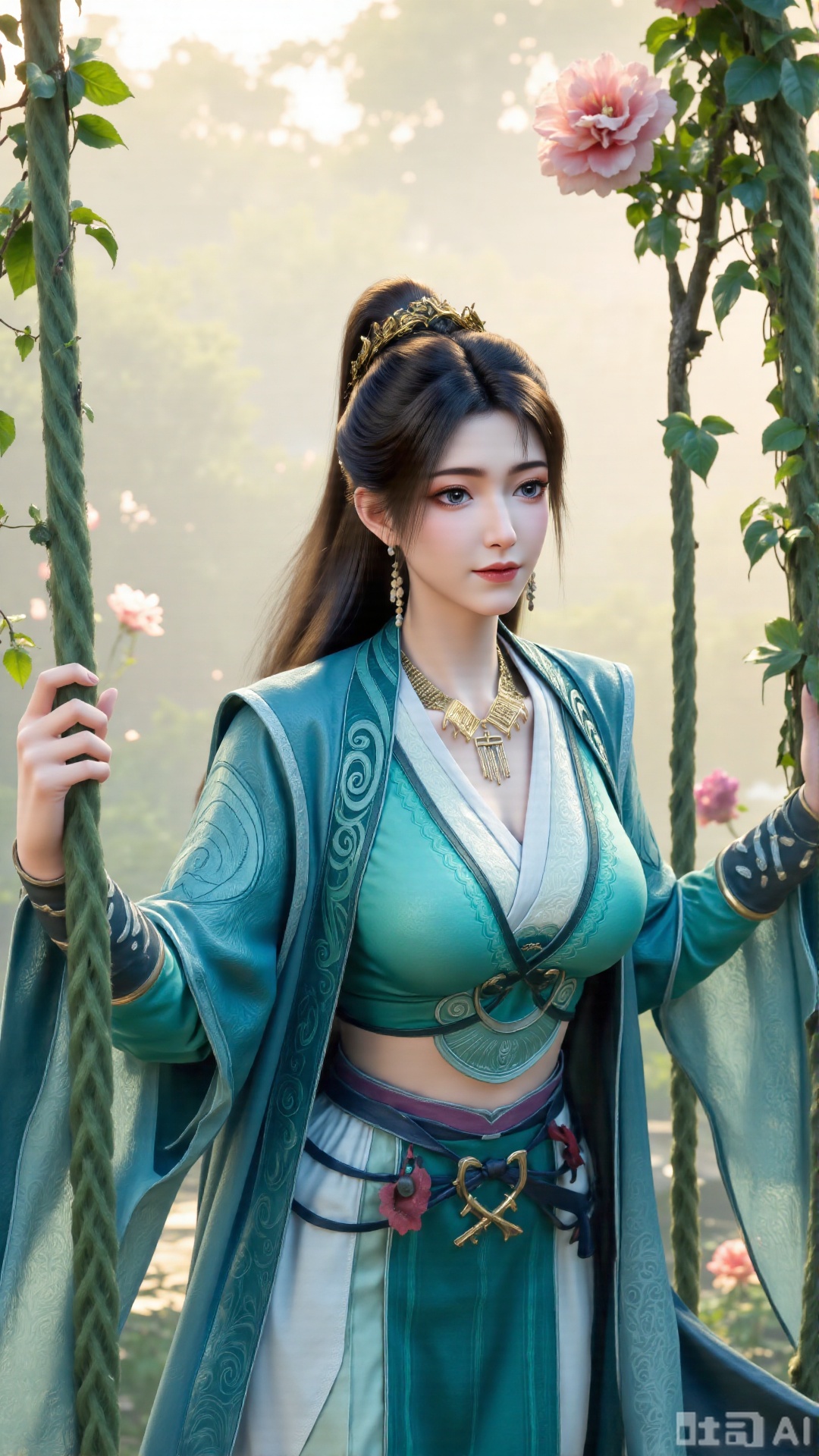  (masterpiece, best quality:1.2),In a cinematic shot with soft sunlight filtering through petals, a delicate fairy-like beauty swings gently on a flower swing amidst a whimsical garden. She wears a pale blue hanfu with flowing wide sleeves and a translucent silk sash tied around her slender figure. Her long black hair with blue highlights cascades down her back, adorned with a pearl hairpin. A gentle smile plays on her innocent eyes as she floats above the flowers, surrounded by fluttering butterflies and golden pollen particles. Magical runes float in the air, casting an ethereal glow. Vines wrap around the ropes of the swing, intertwined with roses and morning glories. The pastel color palette and fantasy atmosphere evoke a sense of wonder and enchantment.,(huge breasts:2.99),(full breasts:2.99),,Xbigbreasts,Xxinghuanwang001,XmupeulingHY3,XlujiajiaYH,XmupeulingHY2,XQueenMedusa