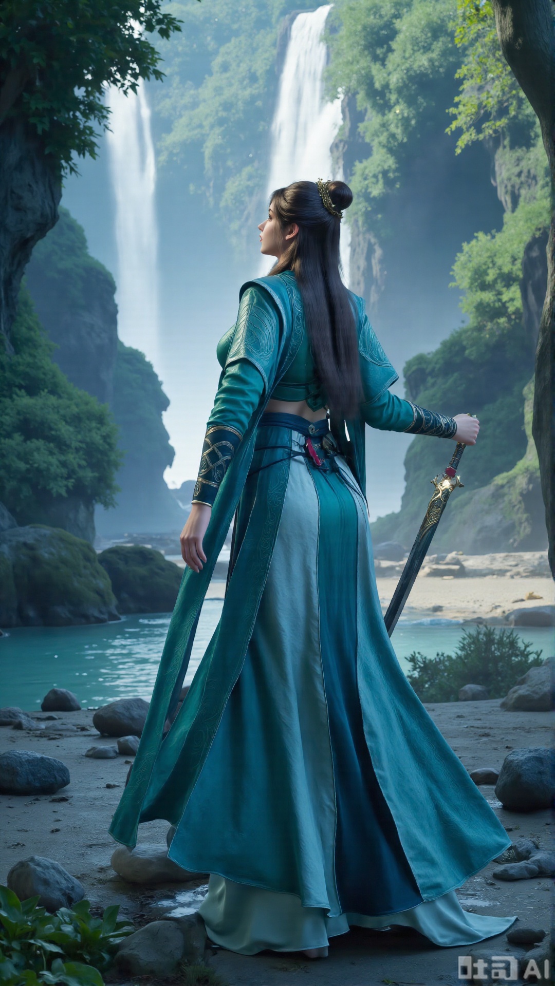 (masterpiece,best quality:1.23),Dominant sister-type girl, velvet ancient style long dress, perfect body, in a valley with a rushing waterfall, holding a long sword, sharp gaze, mist pervading, magnificent aura.(huge breasts, full breasts:2.99),,Xbigbreasts,Xxinghuanwang001,XmupeulingHY3,XlujiajiaYH,XmupeulingHY2,XQueenMedusa