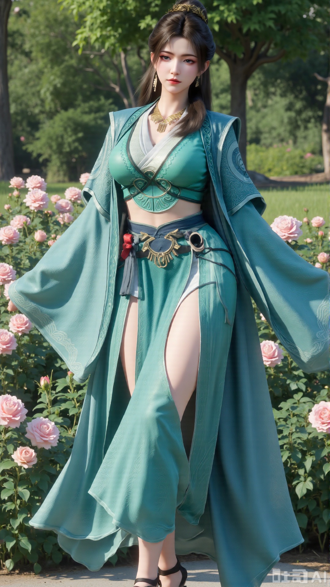 (masterpiece:1.2),best quality,,A woman ,(dress). black Stockings, high heels,,featuring a flowing robe with intricate embroidery and floral accents. A garden filled with pink roses and lush greenery. Soft pastel hues of white,blue,and green,creating a serene atmosphere. Photorealistic photography.,,(huge breasts:2.99),(full breasts:2.99),Xbigbreasts,Xxinghuanwang001,XmupeulingHY3,XlujiajiaYH,XmupeulingHY2,XQueenMedusa