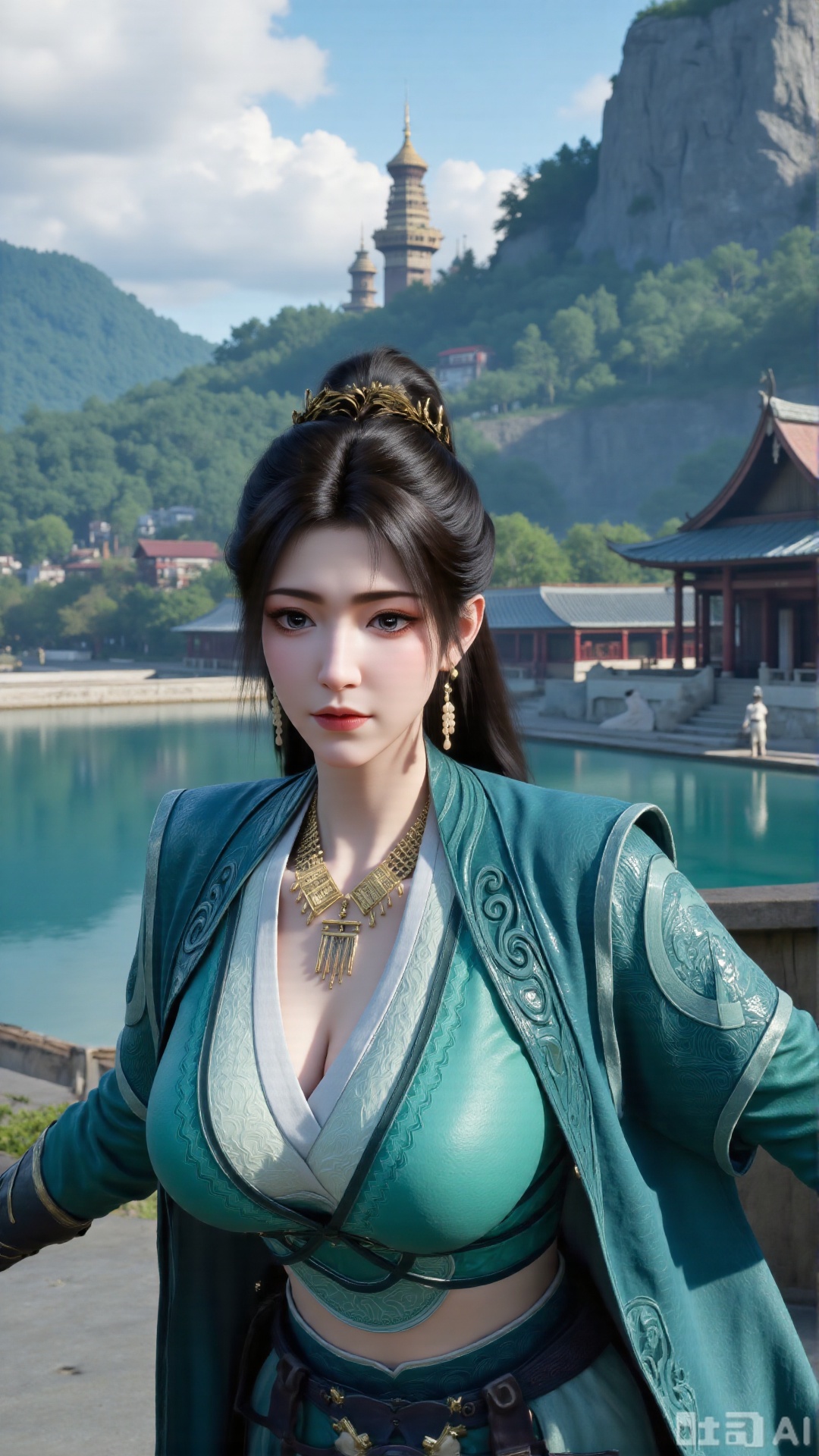 (masterpiece, best quality:1.2),1 girl, solo, long hair, black hair, hair accessories, clothing, cleavage cuts, long dress, jewelry, upper body, earrings. Background is outdoor, sky, clouds, water, trees, architecture, landscape, lantern, mountain, dragon, architecture, bridge, east Asian architecture, fog, pagoda,,(huge breasts:2.99),(full breasts:2.99),Xbigbreasts,Xxinghuanwang001,XmupeulingHY3,XlujiajiaYH,XmupeulingHY2,XQueenMedusa
