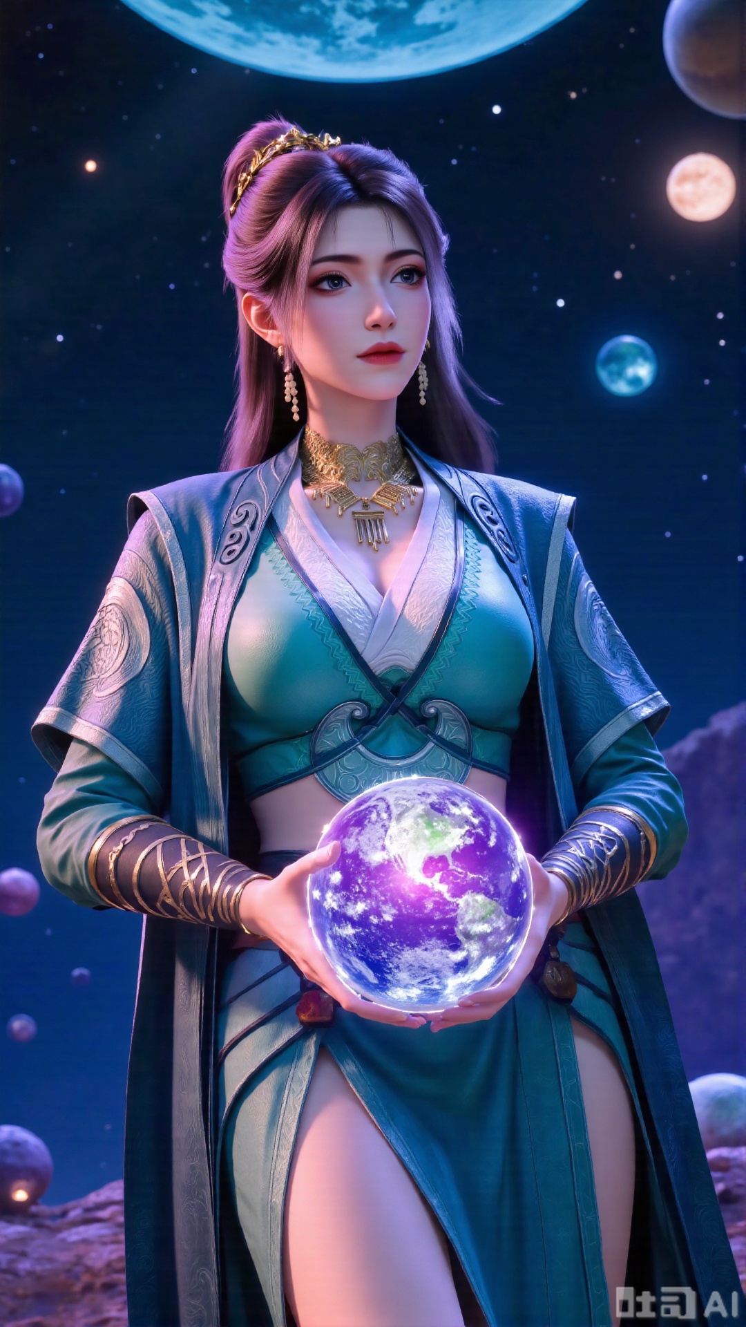 (masterpiece, best quality:1.2),Realistic details, ultra-clear, wallpaper, 8k, masterpiece, masterpiece, best quality, high quality, flowing long hair, exquisite hair accessories, headdresses, cyberpunk electronic luminous clothing, full body multi-luminous line light strips, cyberpunk luminous lines colorful. The sacred light, the cosmic space background, the planets of different colors around, the nebula flows, the stars twinkle, the golden willow branches stretch, holding an earth with both hands, the details of the earth's surface, the texture of mountains, rivers and oceans, the surrounding planets, planets of all sizes, traces of planets orbits, dreamy light and shadow effects.,(huge breasts:2.99),(full breasts:2.99),,Xbigbreasts,Xxinghuanwang001,XmupeulingHY3,XlujiajiaYH,XmupeulingHY2,XQueenMedusa