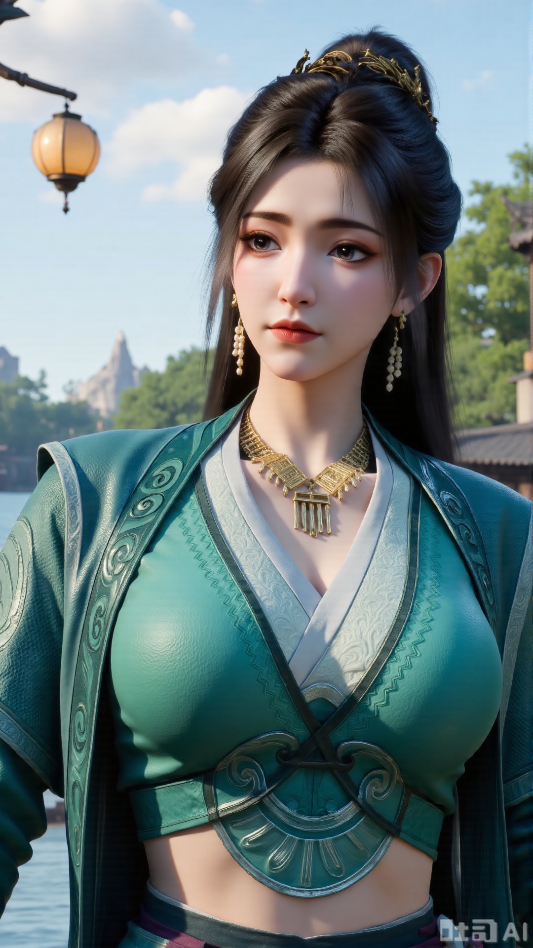 (masterpiece, best quality:1.2),1 girl, solo, long hair, black hair, hair accessories, clothing, cleavage cuts, long dress, jewelry, upper body, earrings. Background is outdoor, sky, clouds, water, trees, architecture, landscape, lantern, mountain, dragon, architecture, bridge, east Asian architecture, fog, pagoda,,(huge breasts:2.99),(full breasts:2.99),Xbigbreasts,Xxinghuanwang001,XmupeulingHY3,XlujiajiaYH,XmupeulingHY2,XQueenMedusa