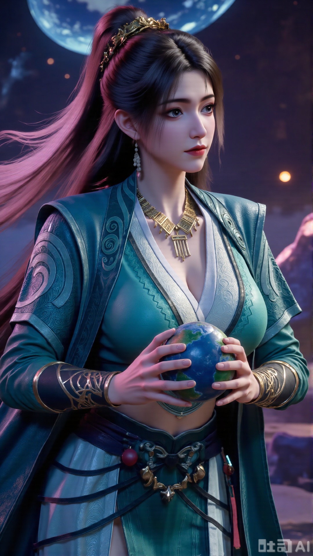 (masterpiece, best quality:1.2),Realistic details, ultra-clear, wallpaper, 8k, masterpiece, masterpiece, best quality, high quality, flowing long hair, exquisite hair accessories, headdresses, cyberpunk electronic luminous clothing, full body multi-luminous line light strips, cyberpunk luminous lines colorful. The sacred light, the cosmic space background, the planets of different colors around, the nebula flows, the stars twinkle, the golden willow branches stretch, holding an earth with both hands, the details of the earth's surface, the texture of mountains, rivers and oceans, the surrounding planets, planets of all sizes, traces of planets orbits, dreamy light and shadow effects.,(huge breasts:2.99),(full breasts:2.99),,Xbigbreasts,Xxinghuanwang001,XmupeulingHY3,XlujiajiaYH,XmupeulingHY2,XQueenMedusa