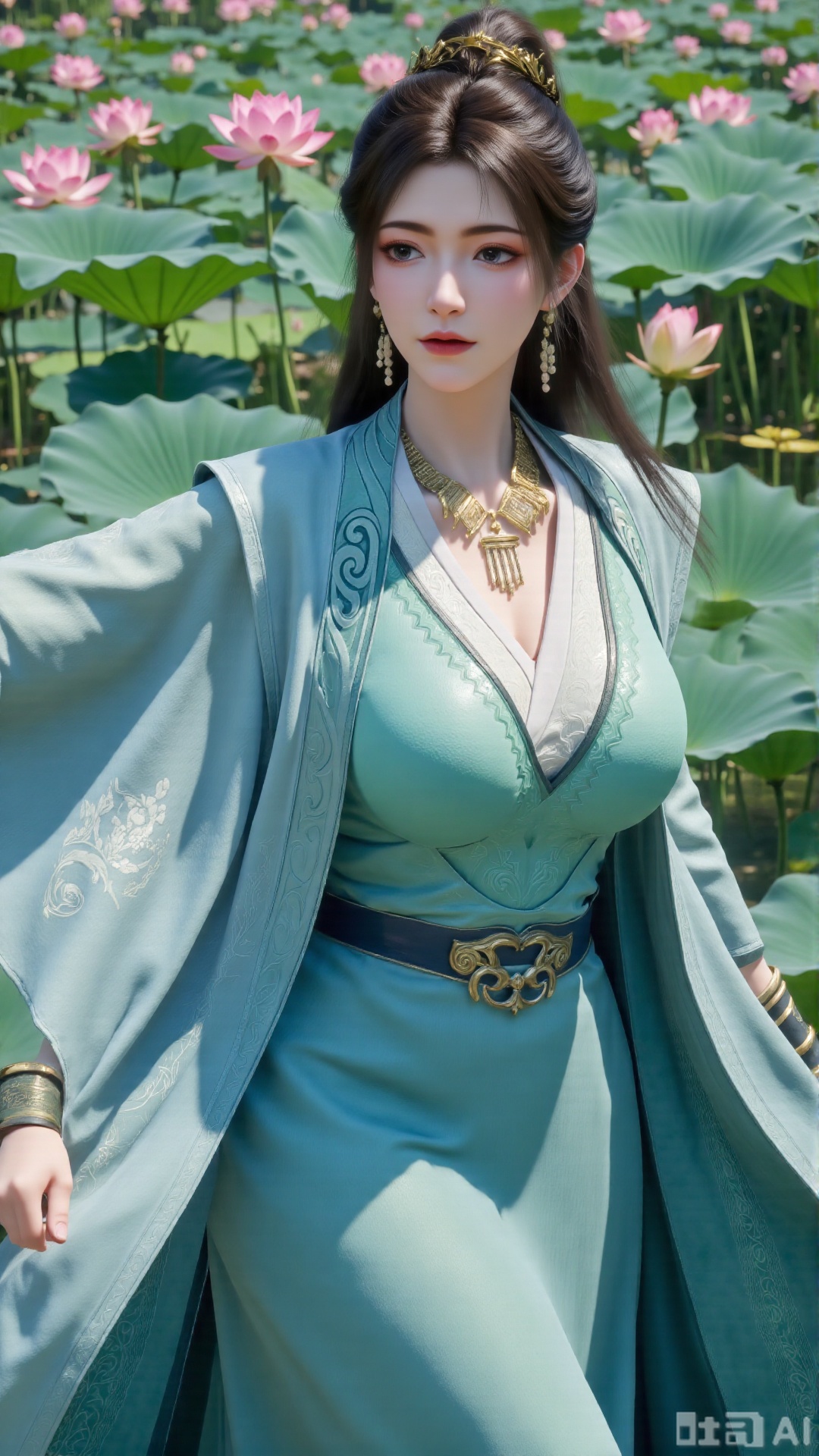(masterpiece:1.2),best quality,,A woman adorned in traditional Chinese attire,featuring a flowing robe with intricate embroidery and floral accents. A garden filled with pink roses and lush greenery. Soft pastel hues of white,blue,and green,creating a serene atmosphere. Photorealistic photography.(huge breasts:2.99),(full breasts:2.99),,(Background with lotus pond and pink lotus flowers:1.39),Xbigbreasts,Xxinghuanwang001,XmupeulingHY3,XlujiajiaYH,XmupeulingHY2,XQueenMedusa