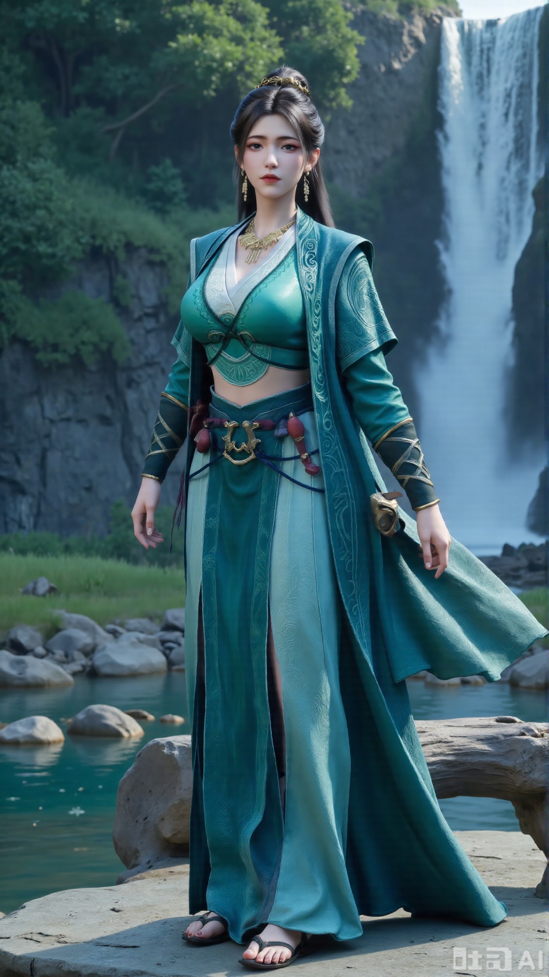 (masterpiece,best quality:1.23),Dominant sister-type girl, velvet ancient style long dress, perfect body, in a valley with a rushing waterfall, holding a long sword, sharp gaze, mist pervading, magnificent aura.(huge breasts, full breasts:2.99),,Xbigbreasts,Xxinghuanwang001,XmupeulingHY3,XlujiajiaYH,XmupeulingHY2,XQueenMedusa