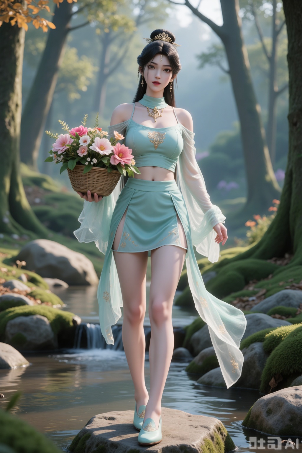 Action: “A beautiful woman stands on a stone, carrying a bamboo basket filled with flowers of various colors”. Fingers. Nail art. A faint smile.
 
- Character Traits: An otherworldly female immortal cultivator. Long black hair draping over the shoulders + an exquisite fairy crown + earrings. Beautiful features and an ethereal temperament. High ponytail. Exquisite eyes.
- Costume Design:
- Upper Garment: Light cyan form - fitting strapless top, decorated with golden patterns. The flowing sheer sleeves on the shoulders and arms are灵动(flexible). Detachable sleeves. Off - shoulder. Wide sleeves.
- Lower Garment: Knee - length light cyan layered short skirt, with light golden patterns embellishing the hem edge. The short skirt has a layered effect. Knee - length pleated skirt. Folds. There is golden embroidery on the costume.
Makeup: It has a classical and exquisite style. The base makeup is fair and delicate. The lines of the eyebrows and eyes are neat. The lip color is natural, highlighting a gentle temperament.
Accessories: There is an exquisite necklace around the neck, creating an ancient - style image that combines chivalry and beauty.
Light cyan flat - bottomed embroidered shoes. Slender legs. Legs exposed. Tall figure.
- Scene: “In the forest, moss - covered stones, surrounded by tall trees, maple trees, fallen leaves, and the ground covered with maple leaves. Moss, wildflowers, a small stream, clear water”.
- Lighting: “Soft natural light, a quiet and secluded atmosphere”. Realistic. Lifelike.