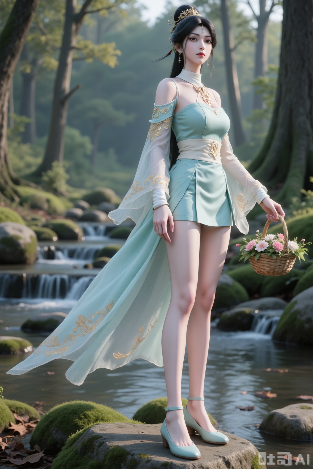 Action: “A beautiful woman stands on a stone, carrying a bamboo basket filled with flowers of various colors”. Fingers. Nail art. A faint smile.
 
- Character Traits: An otherworldly female immortal cultivator. Long black hair draping over the shoulders + an exquisite fairy crown + earrings. Beautiful features and an ethereal temperament. High ponytail. Exquisite eyes.
- Costume Design:
- Upper Garment: Light cyan form - fitting strapless top, decorated with golden patterns. The flowing sheer sleeves on the shoulders and arms are灵动(flexible). Detachable sleeves. Off - shoulder. Wide sleeves.
- Lower Garment: Knee - length light cyan layered short skirt, with light golden patterns embellishing the hem edge. The short skirt has a layered effect. Knee - length pleated skirt. Folds. There is golden embroidery on the costume.
Makeup: It has a classical and exquisite style. The base makeup is fair and delicate. The lines of the eyebrows and eyes are neat. The lip color is natural, highlighting a gentle temperament.
Accessories: There is an exquisite necklace around the neck, creating an ancient - style image that combines chivalry and beauty.
Light cyan flat - bottomed embroidered shoes. Slender legs. Legs exposed. Tall figure.
- Scene: “In the forest, moss - covered stones, surrounded by tall trees, maple trees, fallen leaves, and the ground covered with maple leaves. Moss, wildflowers, a small stream, clear water”.
- Lighting: “Soft natural light, a quiet and secluded atmosphere”. Realistic. Lifelike.