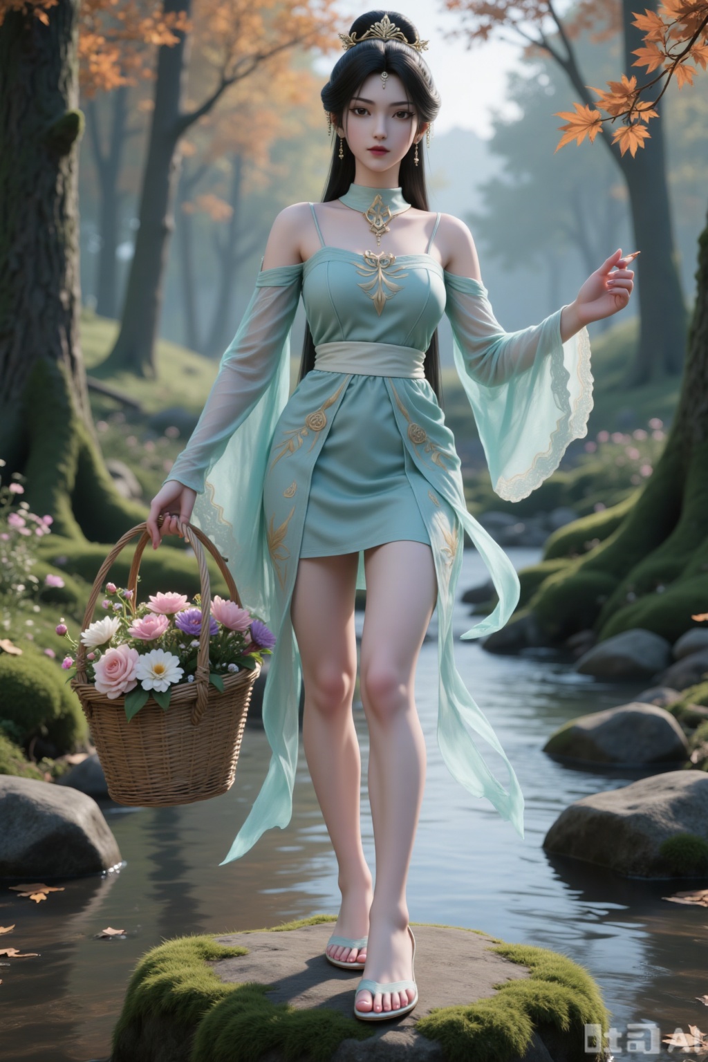 Action: “A beautiful woman stands on a stone, carrying a bamboo basket filled with flowers of various colors”. Fingers. Nail art. A faint smile.
 
- Character Traits: An otherworldly female immortal cultivator. Long black hair draping over the shoulders + an exquisite fairy crown + earrings. Beautiful features and an ethereal temperament. High ponytail. Exquisite eyes.
- Costume Design:
- Upper Garment: Light cyan form - fitting strapless top, decorated with golden patterns. The flowing sheer sleeves on the shoulders and arms are灵动(flexible). Detachable sleeves. Off - shoulder. Wide sleeves.
- Lower Garment: Knee - length light cyan layered short skirt, with light golden patterns embellishing the hem edge. The short skirt has a layered effect. Knee - length pleated skirt. Folds. There is golden embroidery on the costume.
Makeup: It has a classical and exquisite style. The base makeup is fair and delicate. The lines of the eyebrows and eyes are neat. The lip color is natural, highlighting a gentle temperament.
Accessories: There is an exquisite necklace around the neck, creating an ancient - style image that combines chivalry and beauty.
Light cyan flat - bottomed embroidered shoes. Slender legs. Legs exposed. Tall figure.
- Scene: “In the forest, moss - covered stones, surrounded by tall trees, maple trees, fallen leaves, and the ground covered with maple leaves. Moss, wildflowers, a small stream, clear water”.
- Lighting: “Soft natural light, a quiet and secluded atmosphere”. Realistic. Lifelike.