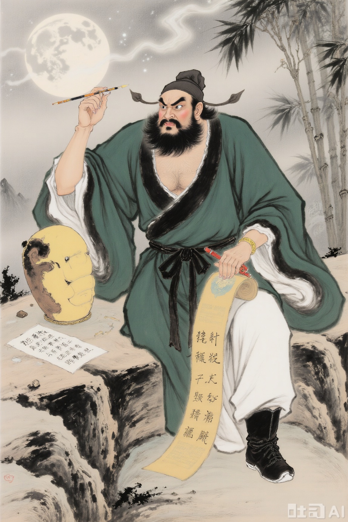 solo, black hair, 1boy, holding, sitting, full body, male focus, facial hair, chinese clothes, moon, pectorals, beard, full moon, mature male, mustache, paintbrush, bamboo, scroll, hanfu,钟馗