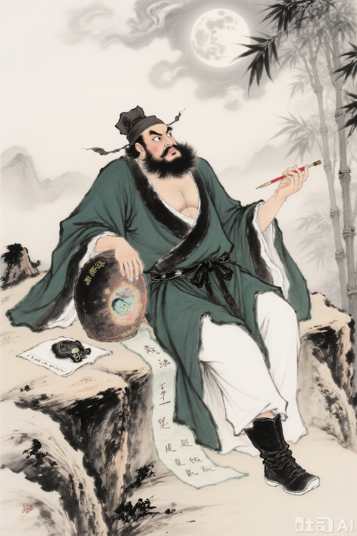 solo, black hair, 1boy, holding, sitting, full body, male focus, facial hair, chinese clothes, moon, pectorals, beard, full moon, mature male, mustache, paintbrush, bamboo, scroll, hanfu,钟馗