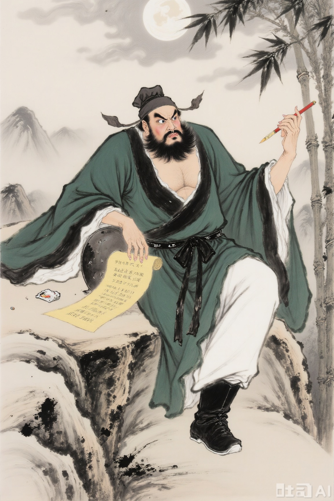 solo, black hair, 1boy, holding, sitting, full body, male focus, facial hair, chinese clothes, moon, pectorals, beard, full moon, mature male, mustache, paintbrush, bamboo, scroll, hanfu,钟馗