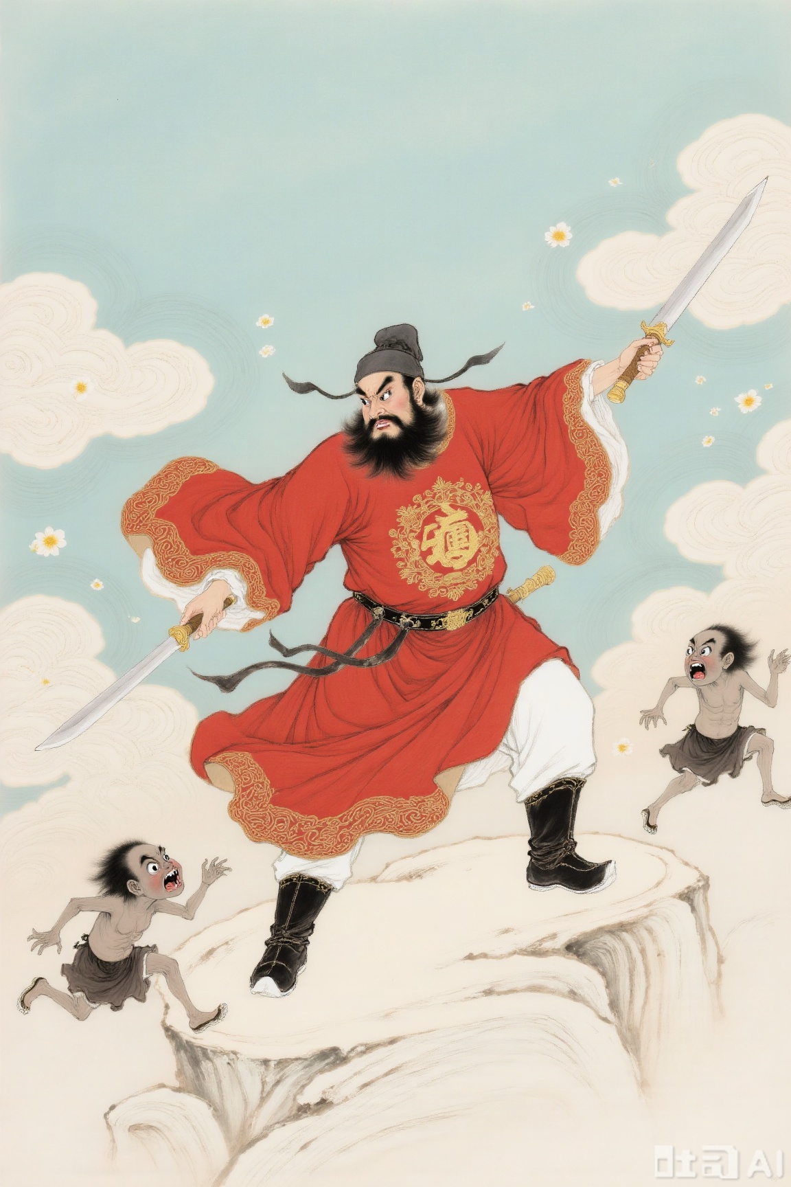 black hair, holding, weapon, male focus, multiple boys, sword, cloud, holding weapon, facial hair, holding sword, chinese clothes, 3boys, beard, running, mustache