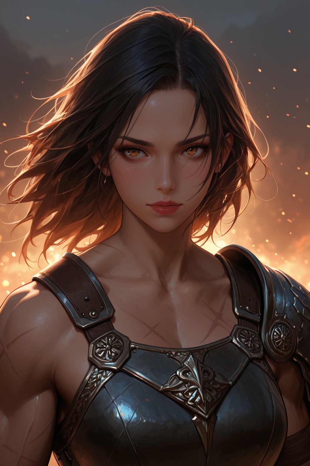 ).......... close-up cinematic portrait of a warrior woman in ancient bronze armor,  scar across cheek,  wind in hair on T...