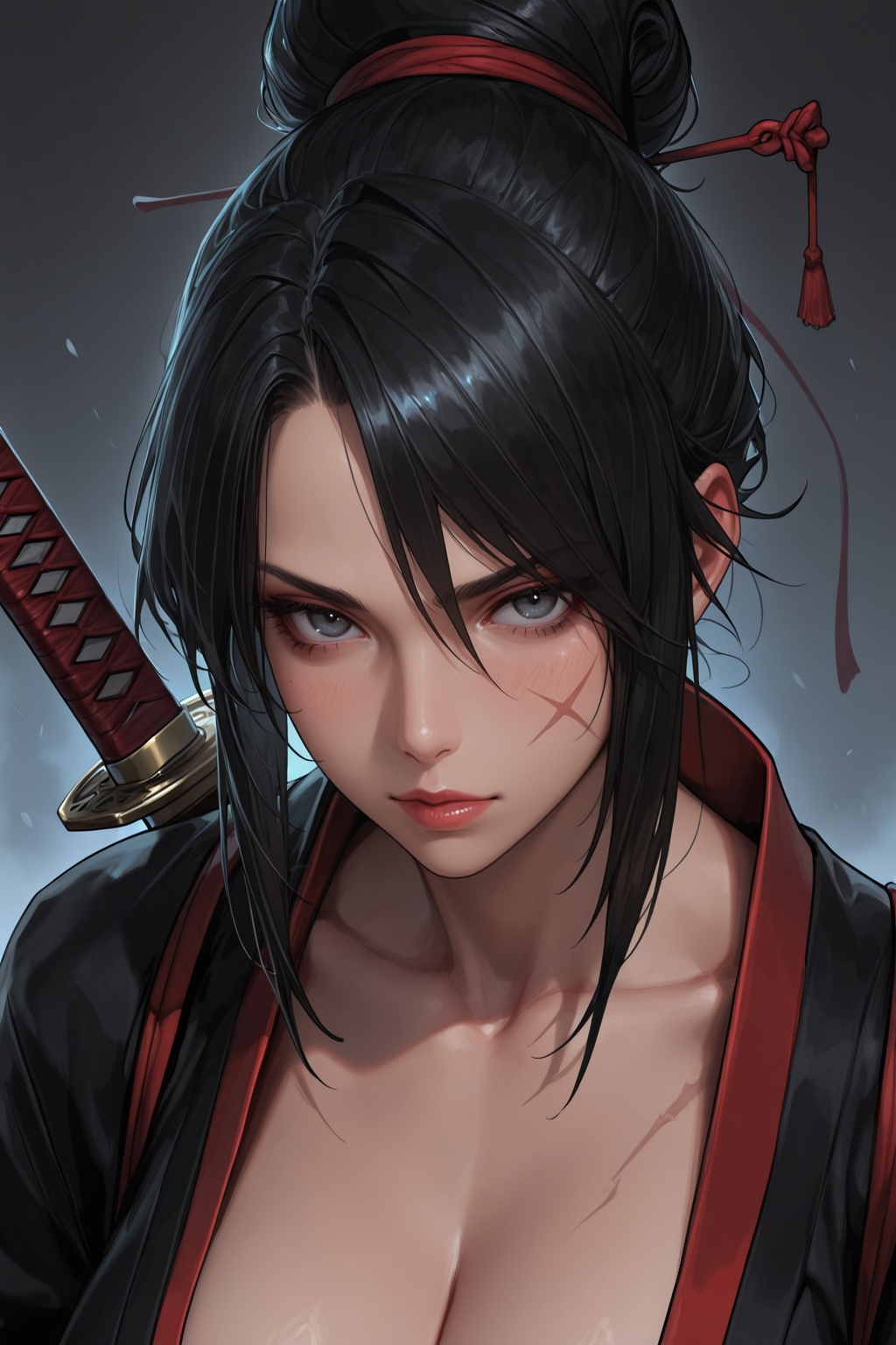............ close-up portrait of japanese samurai woman,  scar on cheek,  black hair tied in bun on Tensor.Art