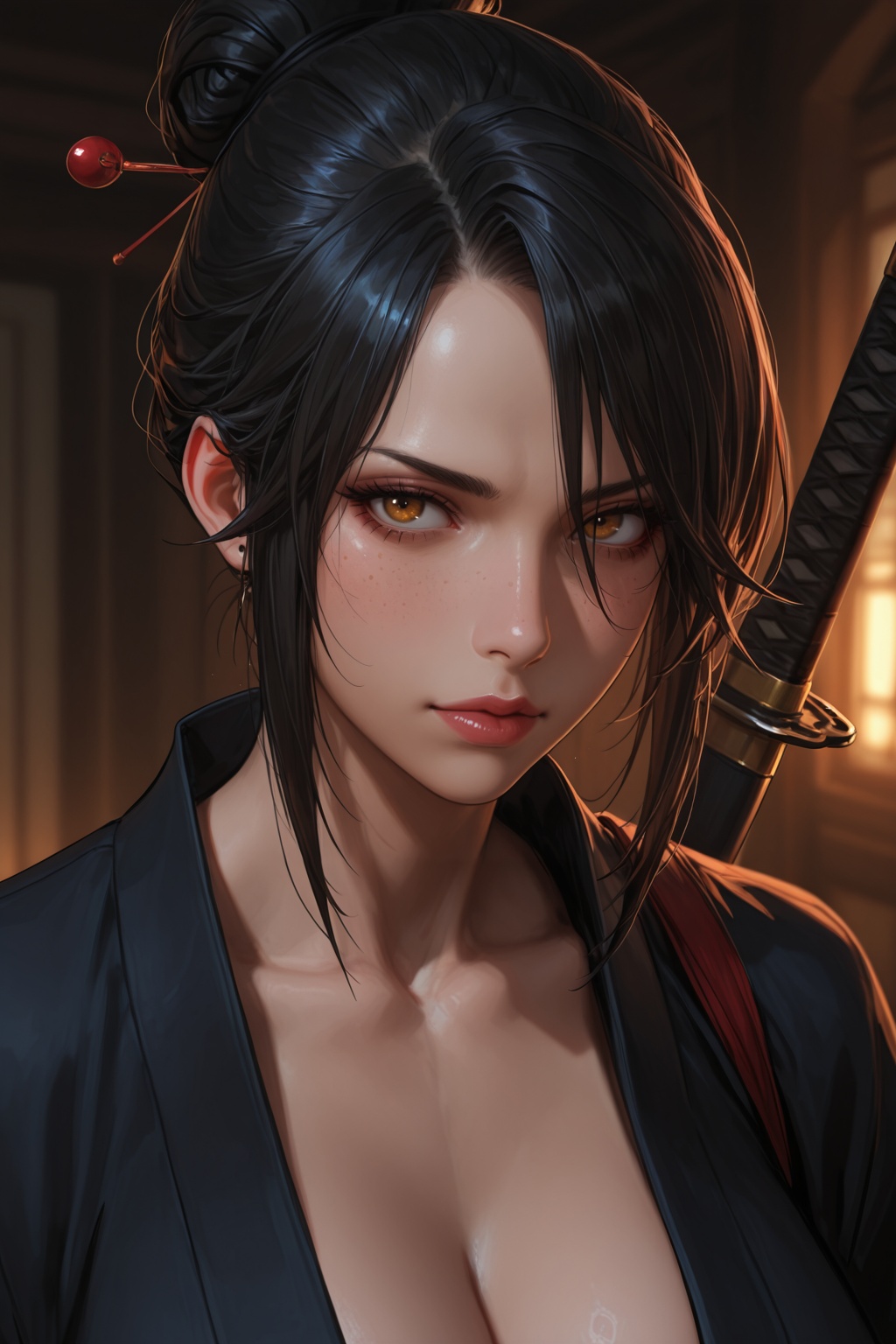 ).......... close-up portrait of japanese samurai woman,  scar on cheek,  black hair tied in bun on Tensor.Art