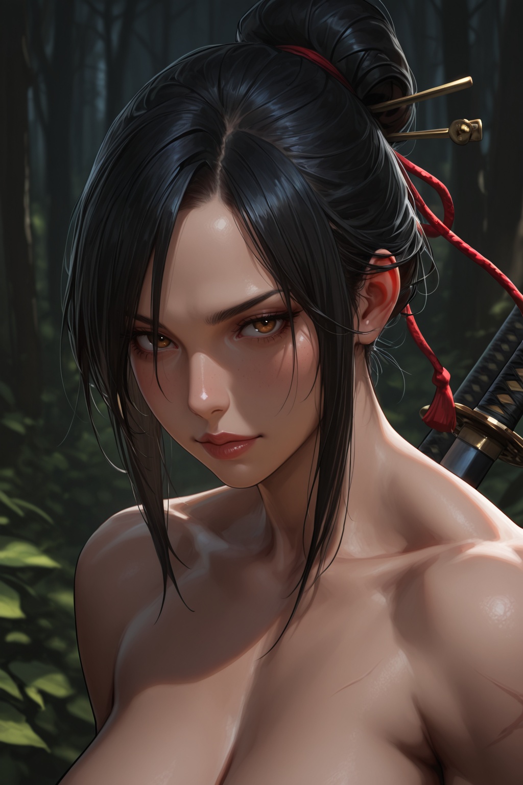 ).......... close-up portrait of japanese samurai woman,  scar on cheek,  black hair tied in bun on Tensor.Art