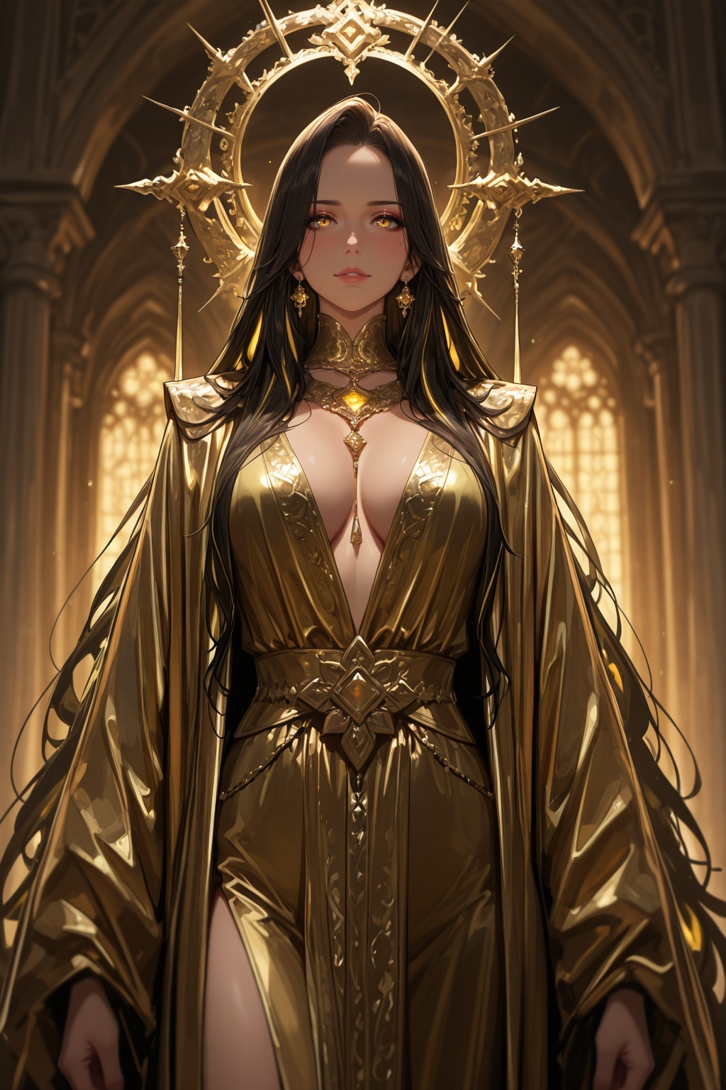 ............ Close-up of a beautiful anime goddess with glowing golden eyes and long flowing hair,  wearing ornate golden...