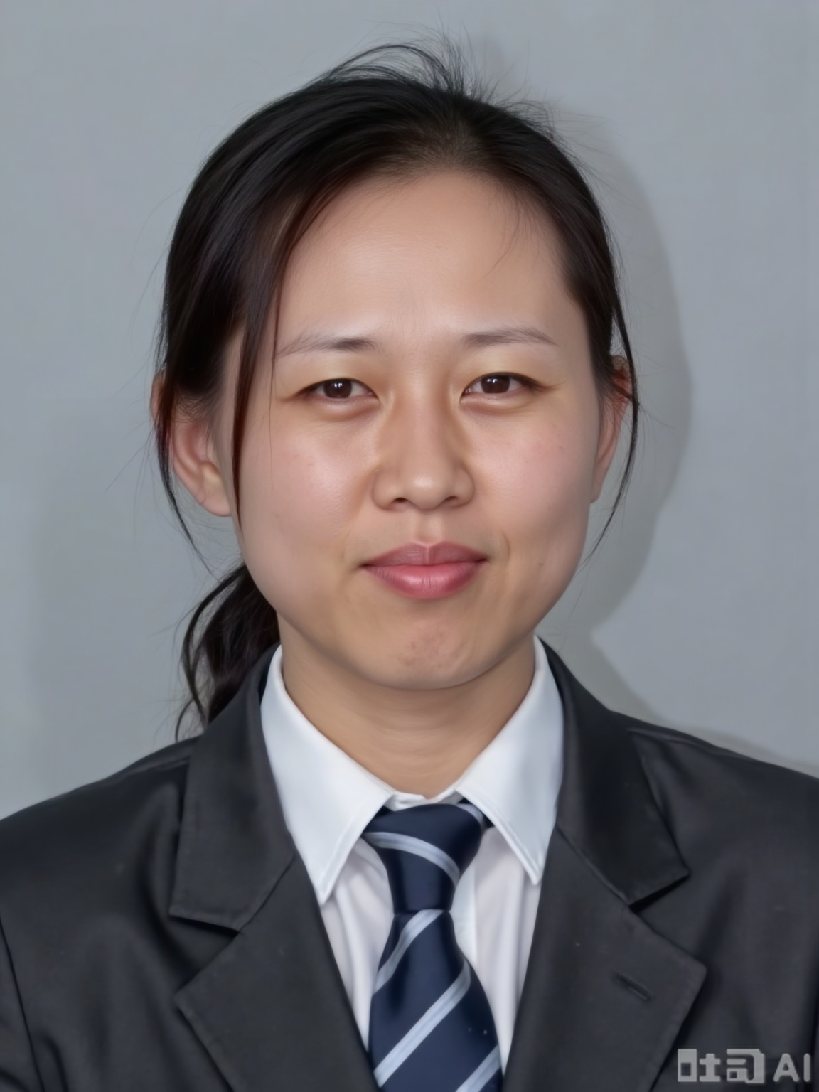 Scene: Pure gray background wall, flat and textureless surface, soft light boxes on both sides provide uniform light, eliminate shadows, and create a professional and simple shooting environment.​Character: A woman wearing a dark gray suit jacket, wearing a white shirt inside, full breasts, perfect breasts, a dark blue striped tie, and a regular neckline. The hair is neatly combed, and the forehead is covered without bangs, and the ears are completely exposed. His expression is serious and natural, he looks ahead, his eyes are firm, his lips are lightly closed, showing a steady and capable business temperament, and his facial makeup is clean and clear, highlighting his professional sense.​Atmosphere: rigorous and formal, conveying a reliable workplace image.​Parameters: 8K resolution, f/2.8 aperture, shutter speed 1/125s, ISO 100, use a 50mm lens, flat viewing angle to ensure normal facial features. The color is restored to the real, without obvious tone tendency, and the sharpness is increased by 10%, so that the details of the facial features are clear and meet the requirements of clear and standardized ID photos.

