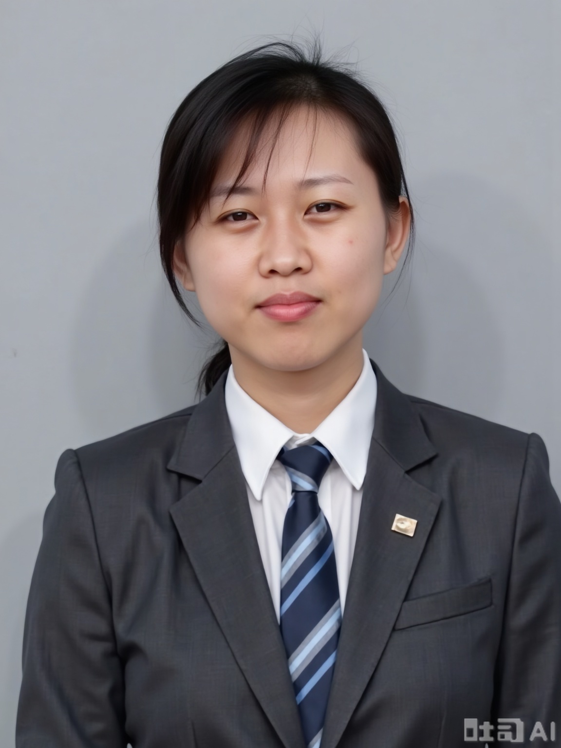 Scene: Pure gray background wall, flat and textureless surface, soft light boxes on both sides provide uniform light, eliminate shadows, and create a professional and simple shooting environment.​Character: A woman wearing a dark gray suit jacket, wearing a white shirt inside, full breasts, perfect breasts, a dark blue striped tie, and a regular neckline. The hair is neatly combed, and the forehead is covered without bangs, and the ears are completely exposed. His expression is serious and natural, he looks ahead, his eyes are firm, his lips are lightly closed, showing a steady and capable business temperament, and his facial makeup is clean and clear, highlighting his professional sense.​Atmosphere: rigorous and formal, conveying a reliable workplace image.​Parameters: 8K resolution, f/2.8 aperture, shutter speed 1/125s, ISO 100, use a 50mm lens, flat viewing angle to ensure normal facial features. The color is restored to the real, without obvious tone tendency, and the sharpness is increased by 10%, so that the details of the facial features are clear and meet the requirements of clear and standardized ID photos.


