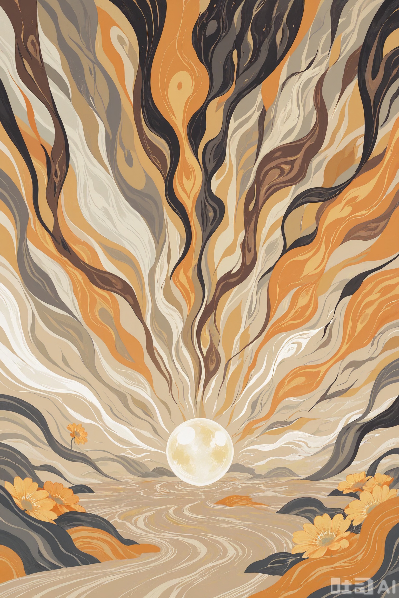 //,Digital art scene illustration
masterpiece,best quality,very aesthetic,
an abstract digital art piece that appears to be a digital illustration. It has a dark and moody color palette with a mix of orange, brown, and white tones. The background is filled with various shapes and textures, including circles, lines, and lines that create a sense of movement and energy.

In the center of the image, there is a large white sphere with a pink and orange flower-like design in the center. The flower is surrounded by orange and yellow flames and smoke, giving it a fiery and dynamic appearance. The sphere is floating in the air, with a few smaller circles scattered around it. The overall effect is one of energy and movement, with the colors blending together to create a chaotic and dynamic composition.
- The overall style of the illustration is reminiscent of a fantasy or sci-fi scene, with bold lines and bright colors.
