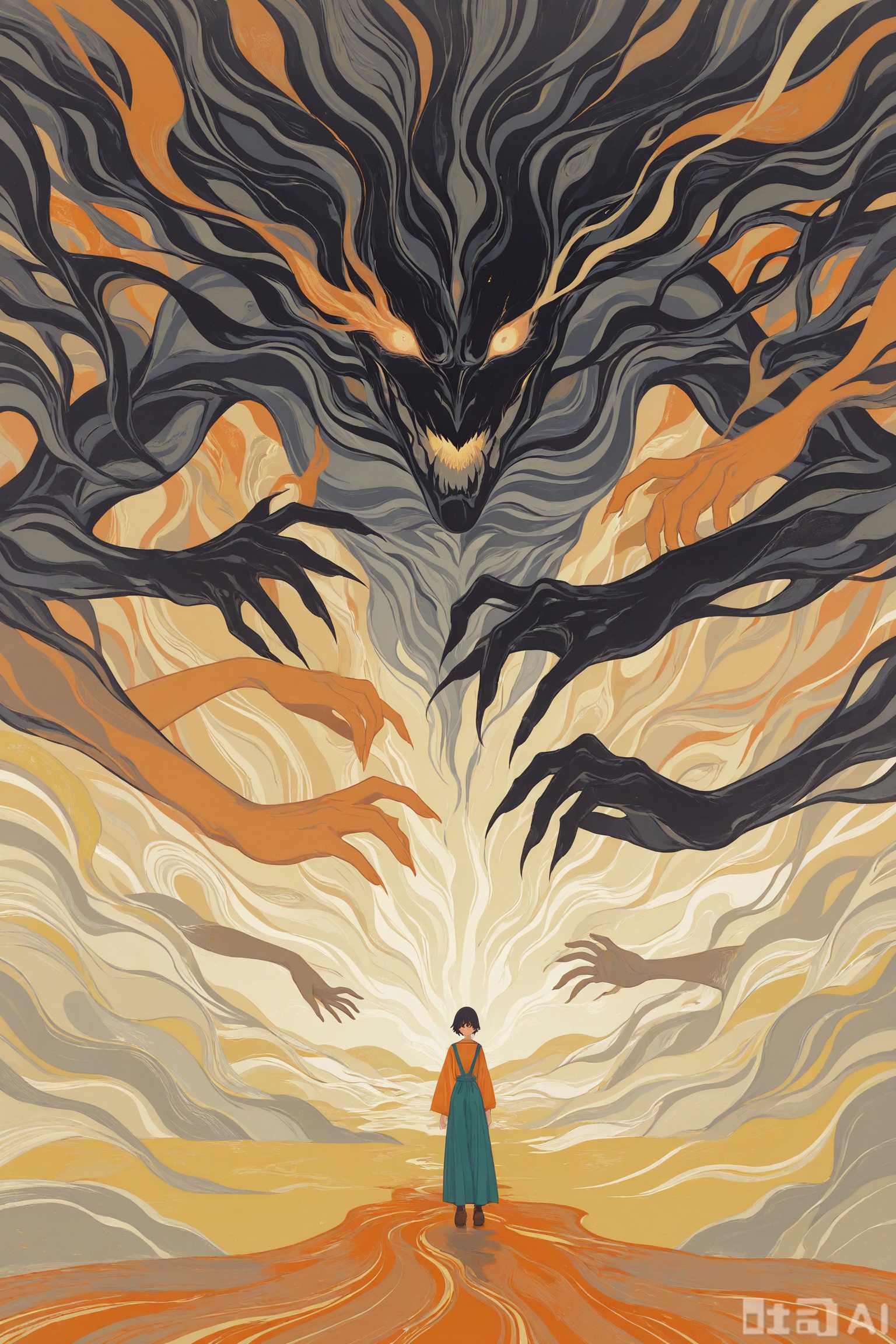 //,Digital art scene illustration
masterpiece,best quality,very aesthetic,
a surreal and mystical scene with a vibrant color palette and dynamic composition. The atmosphere is intense and dramatic, with swirling patterns and shapes that evoke a sense of chaos and power. The use of warm colors such as red and orange contrasts with cooler blues and greens, creating a visually striking and emotional effect. The style is reminiscent of East Asian ink wash painting with its fluid lines and bold outlines, yet infused with modern illustrative elements. The content features a central figure with exaggerated features, including a large, glowing eye, surrounded by multiple hands with sharp nails, suggesting a battle or confrontation between opposing forces. Overall, the artwork is thought-provoking and visually captivating, inviting viewers to ponder its deeper meanings.