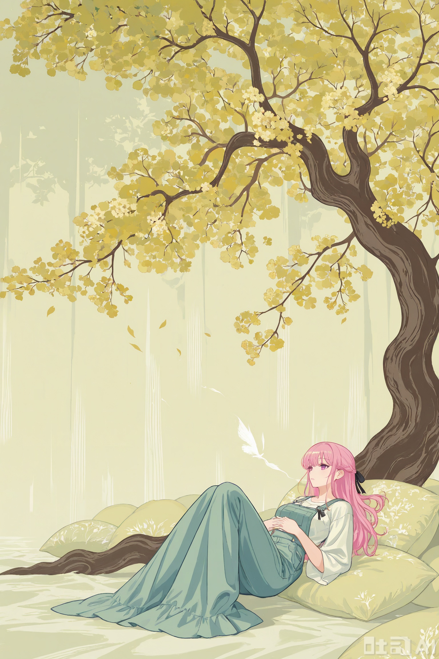 //,Digital art scene illustration
masterpiece,best quality,very aesthetic,
Romantic, dreamy, ethereal atmosphere; Soft pastel palette dominated by pinks, blues, and yellows; Delicate line work and gentle shading; Female figure reclining amidst a whimsical swirl of floral patterns and ribbons; Subtle hints of nature with blossoms and foliage; A mystical fox companion; Overall, the artwork exudes a sense of fantasy, femininity, and tender whimsy.
