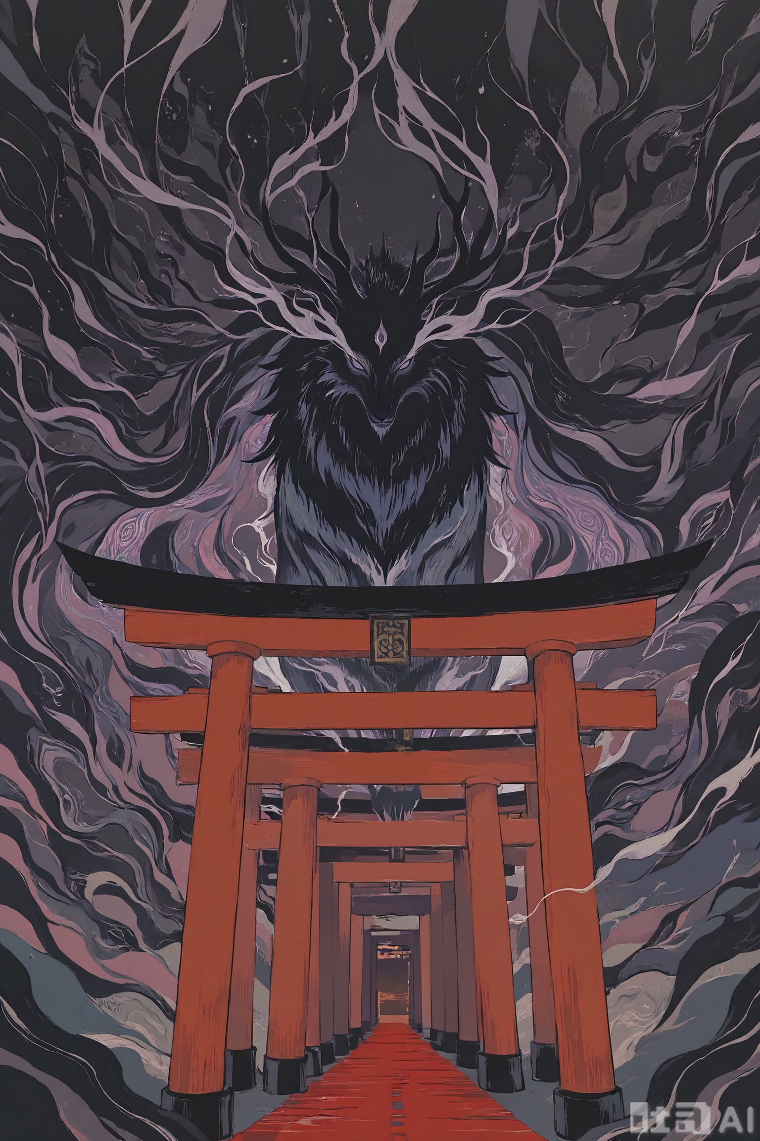 //,Digital art scene illustration
masterpiece,best quality,very aesthetic,
Dark, mysterious, and ethereal atmosphere; Rich, vibrant color palette; Traditional Japanese torii gates; Majestic, mythical beast; Dynamic, swirling patterns; Glimmering light; Whimsical, fantastical elements; Intricate details; Cultural symbolism; Expressive brushwork; Fantasy genre; Japanese folklore influence.
