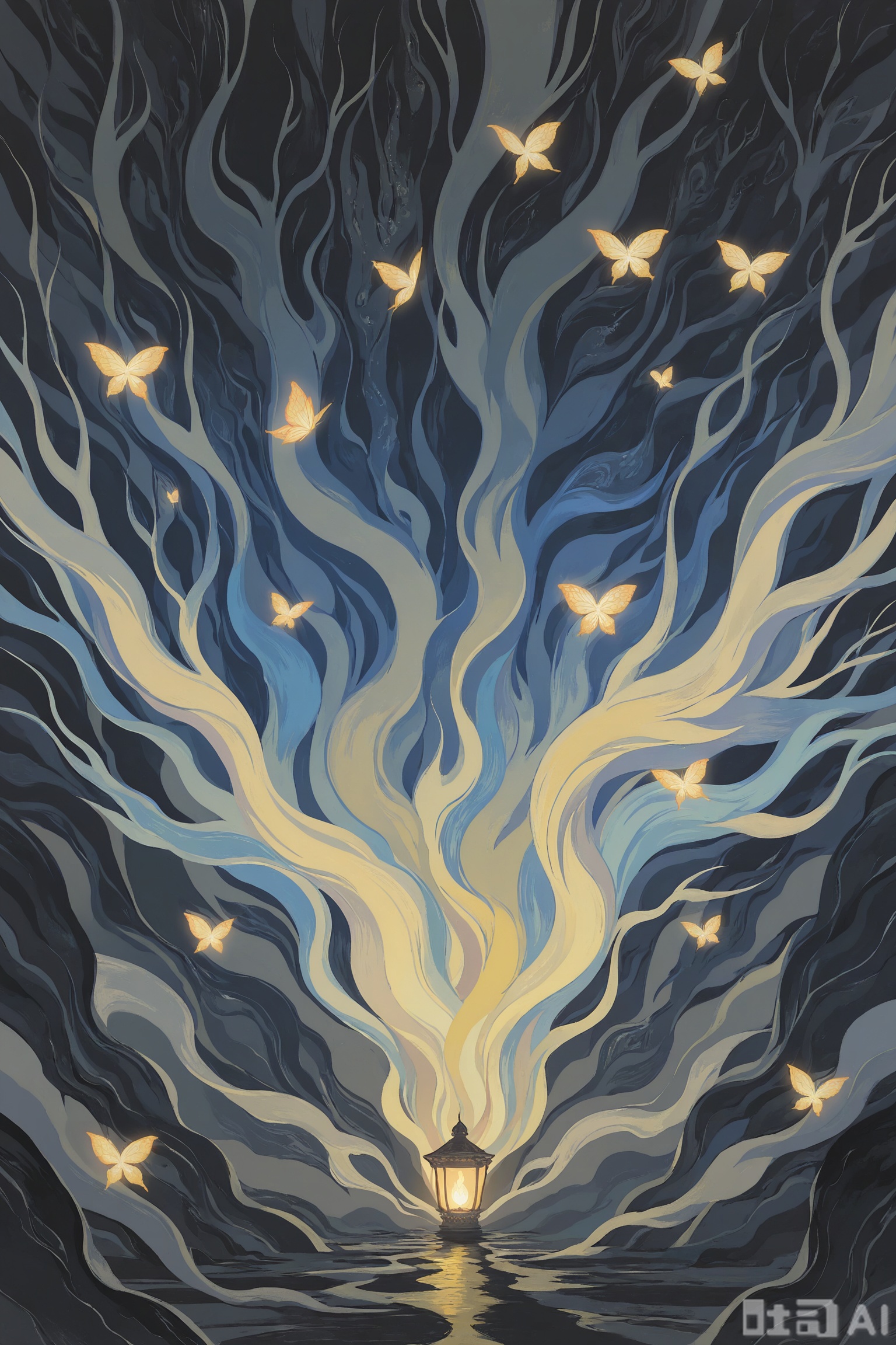 //,Digital art scene illustration
masterpiece,best quality,very aesthetic,
Enchanting, ethereal, mystical forest scene, with a whimsical, magical atmosphere. Vibrant, dynamic energy swirling through the air, highlighted by the interplay of light and shadow. A blend of fantasy and modern anime art styles, with bold, bright colors and intricate details. A character with flowing hair and wings, dressed in a colorful, patterned outfit, holding a glowing lantern and surrounded by fluttering butterflies. The dark, moody background contrasts with the brightness of the character and her surroundings, emphasizing the magical and otherworldly essence of the image.
