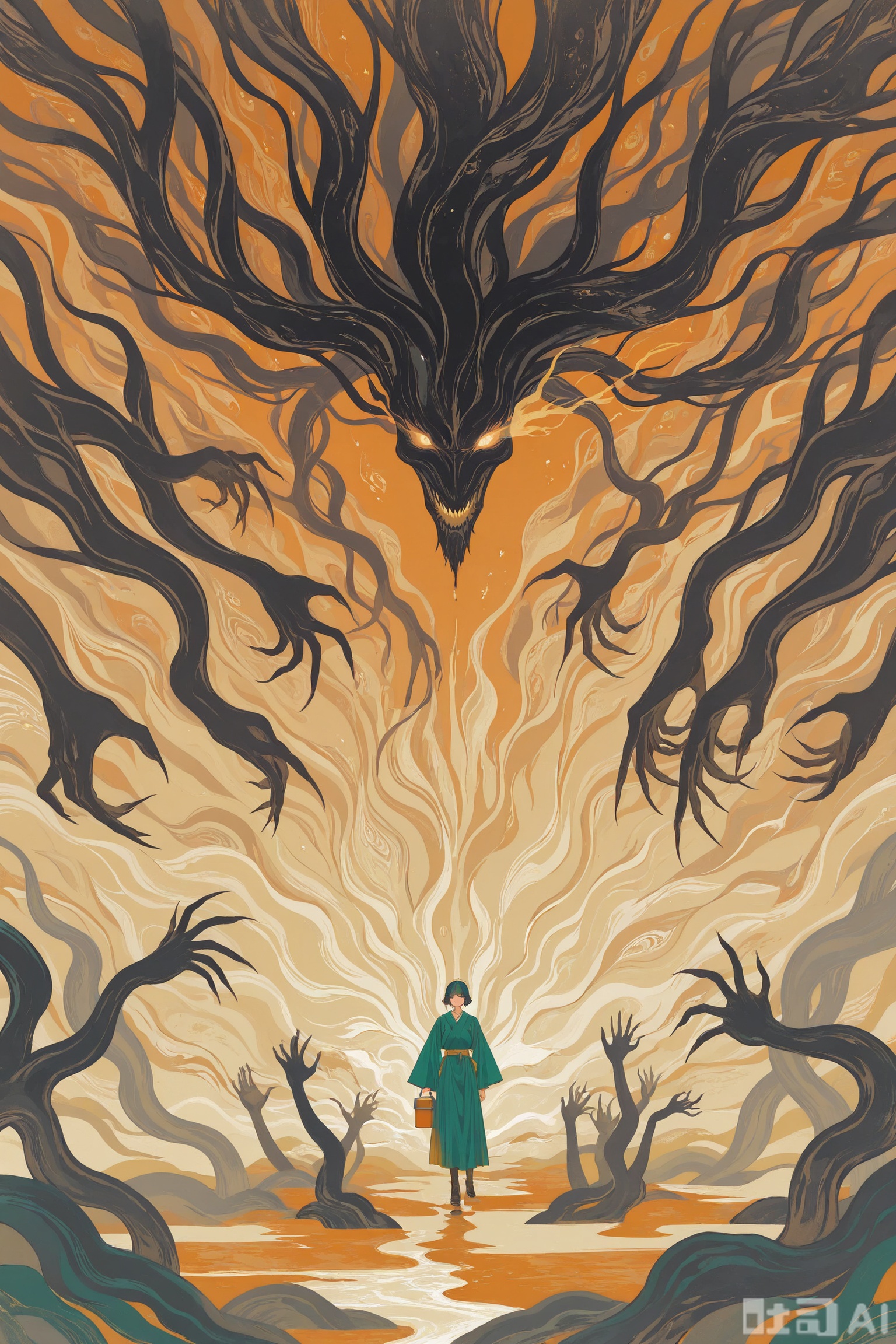 //,Digital art scene illustration
masterpiece,best quality,very aesthetic,
a surreal and mystical scene with a vibrant color palette and dynamic composition. The atmosphere is intense and dramatic, with swirling patterns and shapes that evoke a sense of chaos and power. The use of warm colors such as red and orange contrasts with cooler blues and greens, creating a visually striking and emotional effect. The style is reminiscent of East Asian ink wash painting with its fluid lines and bold outlines, yet infused with modern illustrative elements. The content features a central figure with exaggerated features, including a large, glowing eye, surrounded by multiple hands with sharp nails, suggesting a battle or confrontation between opposing forces. Overall, the artwork is thought-provoking and visually captivating, inviting viewers to ponder its deeper meanings.