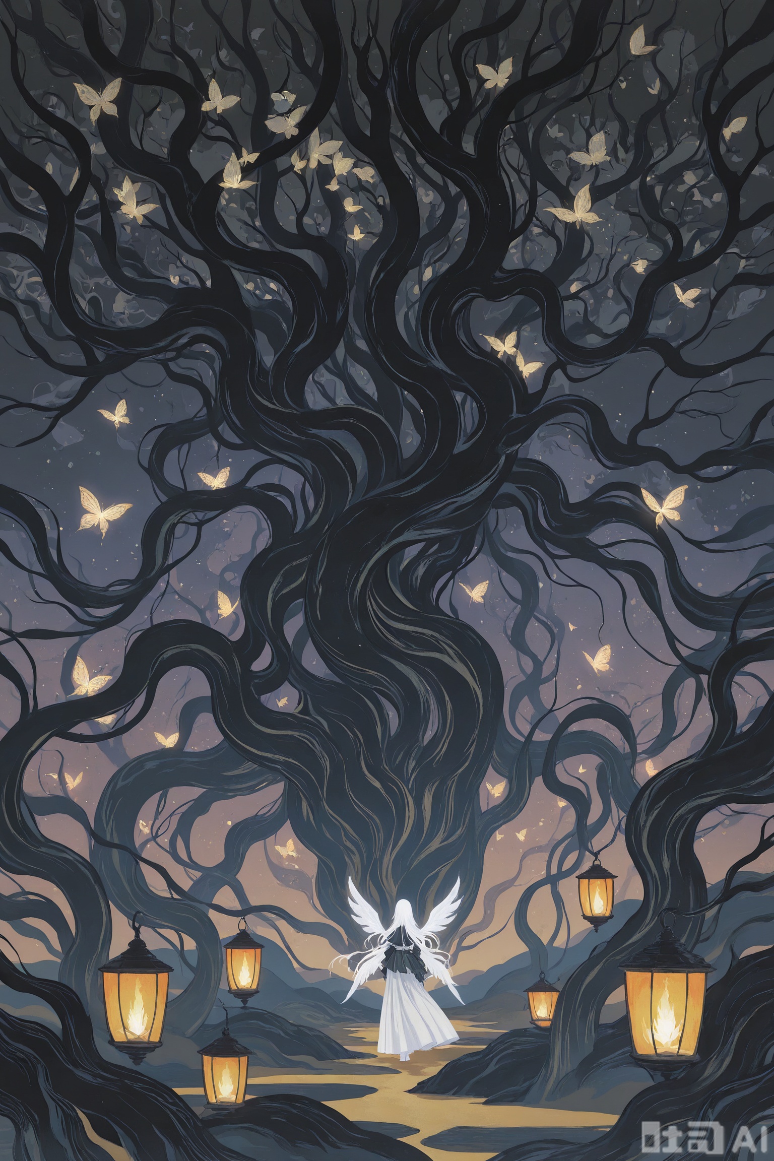 //,Digital art scene illustration
masterpiece,best quality,very aesthetic,
Enchanting, ethereal, mystical forest scene, with a whimsical, magical atmosphere. Vibrant, dynamic energy swirling through the air, highlighted by the interplay of light and shadow. A blend of fantasy and modern anime art styles, with bold, bright colors and intricate details. A character with flowing hair and wings, dressed in a colorful, patterned outfit, holding a glowing lantern and surrounded by fluttering butterflies. The dark, moody background contrasts with the brightness of the character and her surroundings, emphasizing the magical and otherworldly essence of the image.