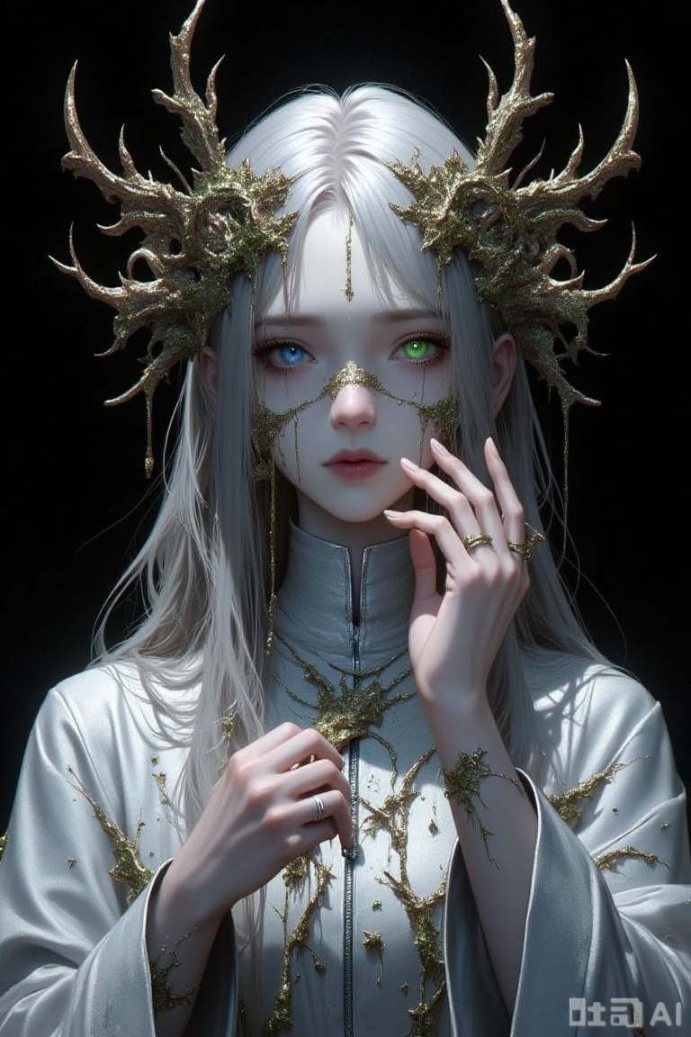 Masterpiece, best quality, ultra-detailed, sharp focus, stigma_art, 1girl, pale face, vacant and despairing eyes, messy, long gray hair like withered grass. She has one eye as clear blue as ice crystal, while the other is an eye emitting a faint green cold light (heterochromia). She wears a complete, plain robe whose surface is covered in fine mycelial patterns. Most strikingly, from her forehead, a pair of massive, deer-antler-like, twisted bony structures are piercing and growing from deep within her skin. These "dragon horns" are covered in mold and dried, rust-like substances (color suggestion), and a small amount of viscous, faintly glowing liquid slowly seeps from the base of the horns. She stands half-length, her arms hanging limply, one hand gently touching her "dragon horns," her expression pained and numb. The background is pure darkness.
drgn_stly, drgn_stly,