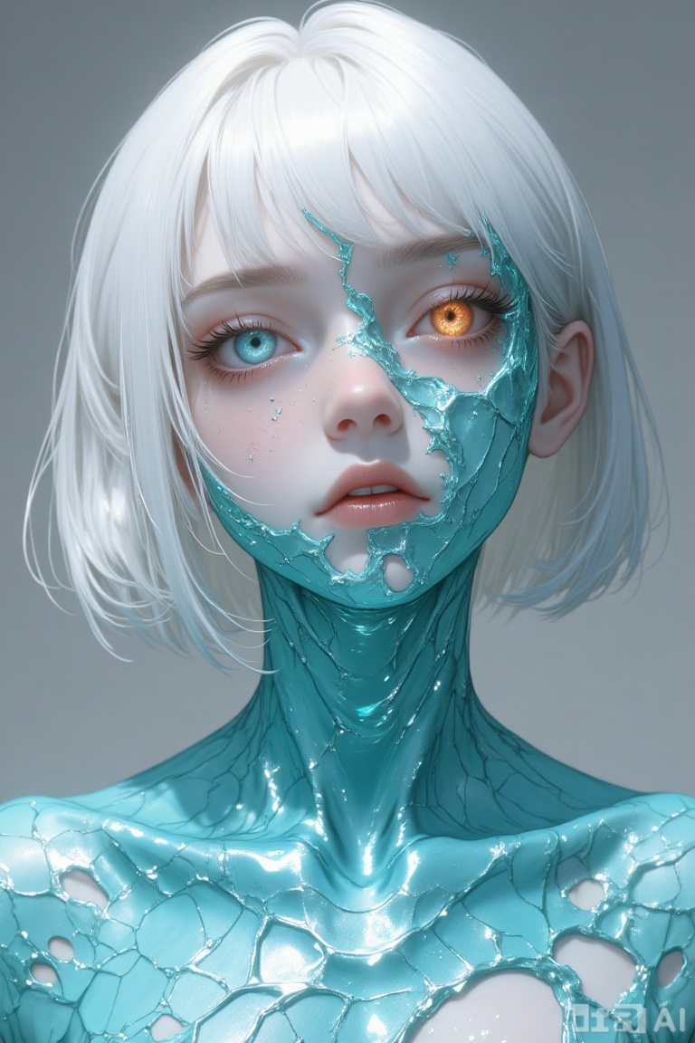 Masterpiece, best quality, ultra-detailed, sharp focus, stigma_art, 1girl, possessing a delicate face and short white hair. She has one eye as clear blue as ice crystal, while the other is a murky, lava-like orange-red (heterochromia). The skin of her upper body, starting from the neck, is being slowly covered by a layer of fine, translucent cerulean fish-scale-like structures. The edges of these "scales" are smooth, but the contours of muscles are visible beneath. The transformation is incomplete, and at the border between normal and scaled skin, there is a decaying, necrotized coloration (color suggestion), with glistening liquid slowly seeping from the crevices.
drgn_stly, drgn_stly,