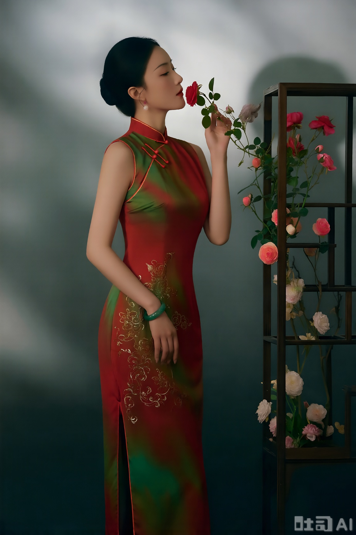 优雅东方女性身着红绿色渐变无袖新中式旗袍,红色从下摆向上渐变为深绿,衣摆处绣着金色缠枝纹,搭配翡翠手镯。整体为氛围感电影写真风格,借助阴天的漫射光,光线柔和不刺眼,凸显渐变色彩的层次感,以柔光渲染增添梦幻感,色彩以红绿渐变与金纹为辅。采用全景构图,从稍远的平视视角展现人物站在中式花架旁、轻嗅月季的场景,传递出雅致灵动之美。