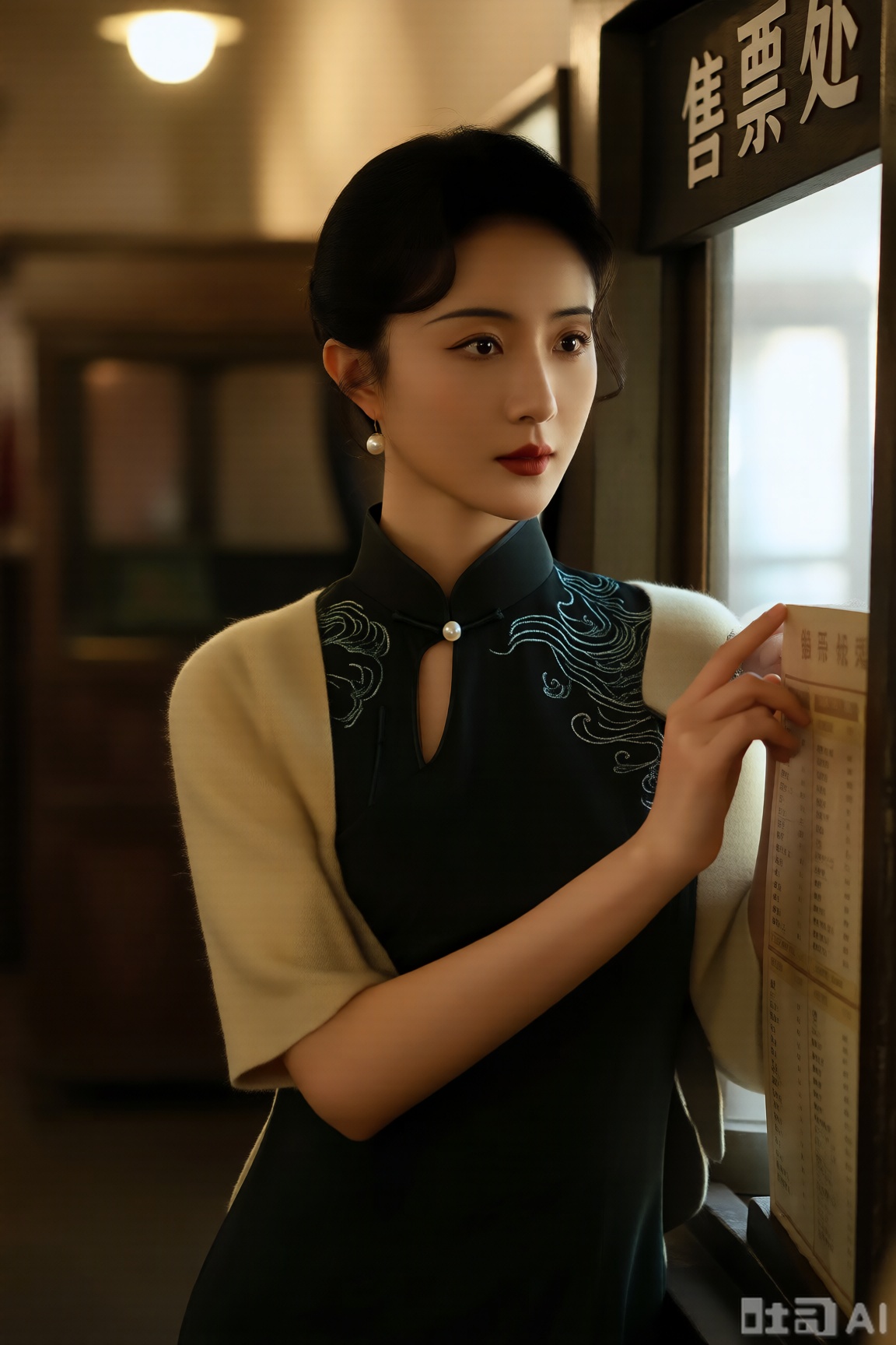 优雅东方女性的上半身,身着民国风格的墨色新中式旗袍式短衫,短衫领口呈水滴状,缀着一颗圆润的珍珠盘扣,衣襟两侧绣着淡蓝水波纹,外搭一件浅杏色毛呢背心。场景设定在民国火车站的复古售票窗口旁,背景有木质售票台与“售票处” 字样的木质招牌,整体为复古电影写真风格。借助室内暖黄的灯光与窗外的自然光交织,光线在墨色短衫上形成柔和光晕,淡蓝绣花在光影下泛着细腻光泽,以高清渲染还原细节,色彩以墨黑、淡蓝与杏白为主。采用中心构图,从正面平视视角定格人物轻敲售票窗口、询问车次的动作,尽显民国女性的大方与利落。masterpiece, best quality, amazing quality, very aesthetic, absurdres, highres,模糊动态背景