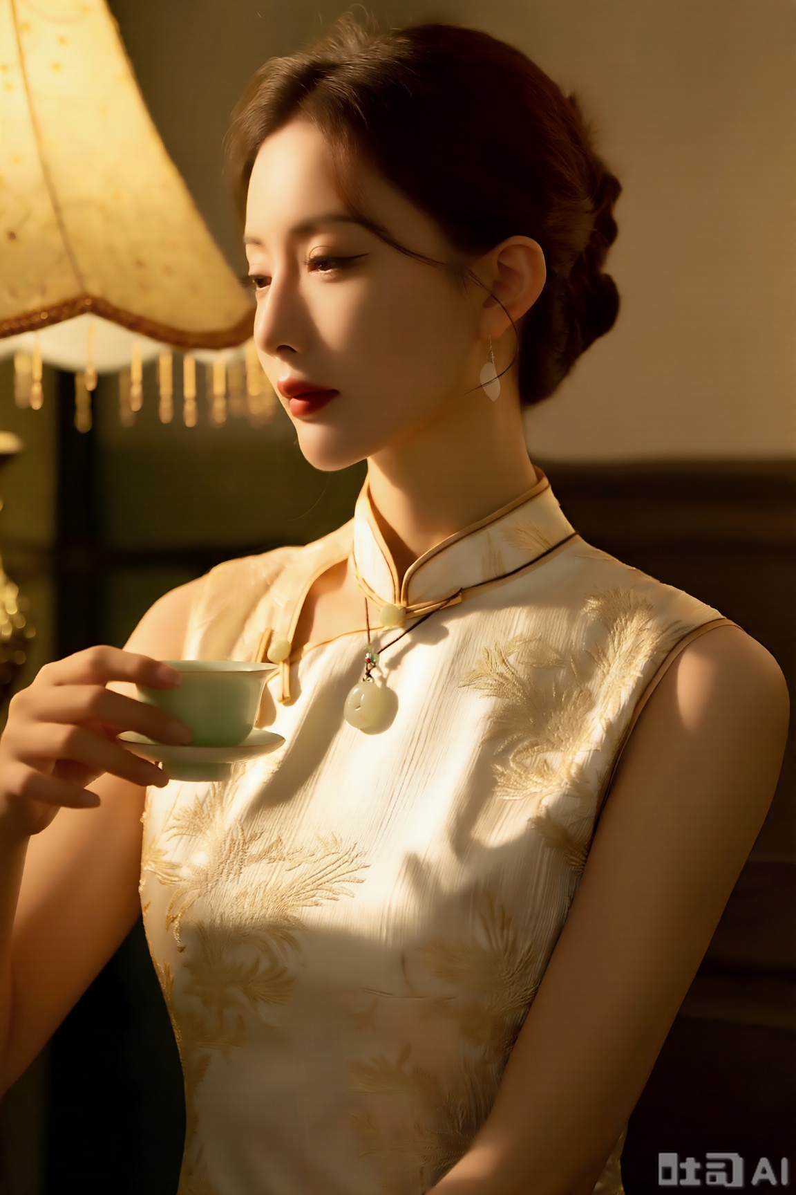 优雅东方女性,身着绣有浅金缠枝纹的新中式旗袍,领口微敞露出纤细锁骨,搭配简约玉坠。整体为复古电影写真风格,借助暖黄的台灯侧光,光线在旗袍衣褶处形成柔和阴影,以细腻的胶片质感渲染呈现织物光泽,色彩以米白与浅金为主,点缀深棕发髻提亮层次。采用三分法构图,从45 度侧拍视角捕捉人物轻托茶盏的瞬间,尽显温婉雅致。