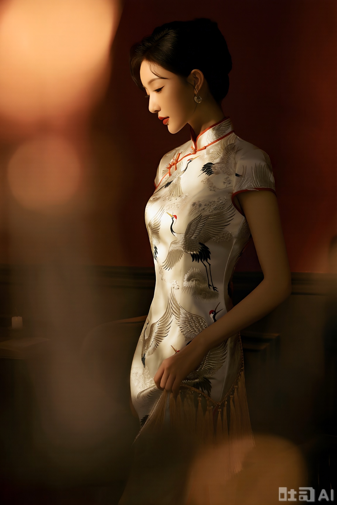 画面主体是位优雅东方女性,身着绣有银线松鹤图案的新中式旗袍,衣摆处有流苏装饰。整体为复古电影写真风格,借助暖调的烛光氛围光,光线在人物面部形成明暗交错的光影,以朦胧的柔光渲染增添复古韵味,色彩以暗红与银白为主,营造华贵氛围。采用对角线构图,从侧面俯拍视角定格人物轻拢旗袍裙摆的动作,尽显端庄大气的东方美。人像写真