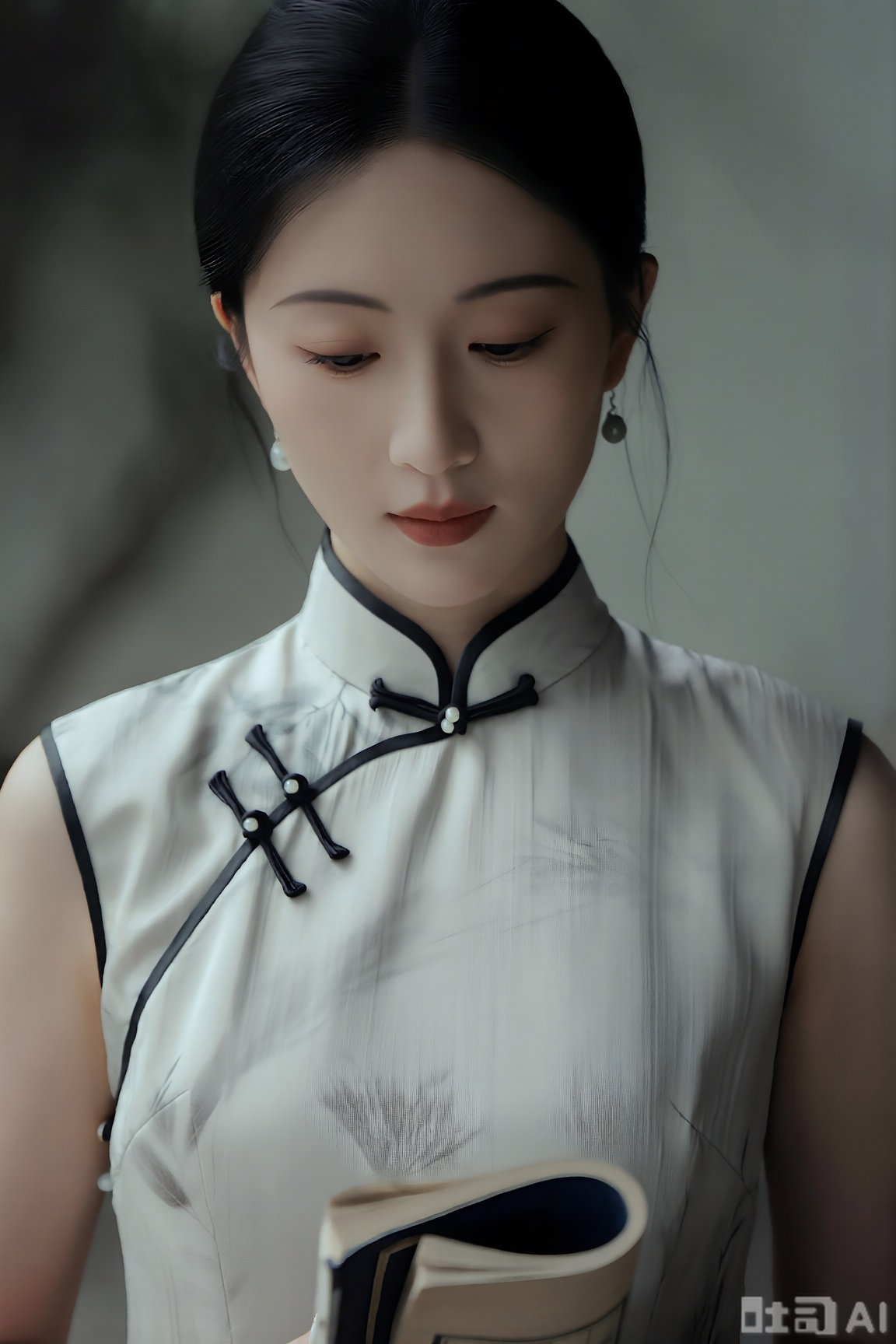 优雅东方女性身着素色新中式旗袍,领口处有黑色盘扣点缀,裙摆垂坠感十足。以纪实电影写真风格呈现,利用阴天的漫射光,光线柔和不刺眼,让人物神态更显自然,通过细腻的光影渲染突出人物沉静眼神,色彩以浅灰与墨黑为主,简洁又显高级。采用近景构图,从正面平视视角捕捉人物低头凝视手中书卷的瞬间,画面充满静谧的故事感。,人像写真