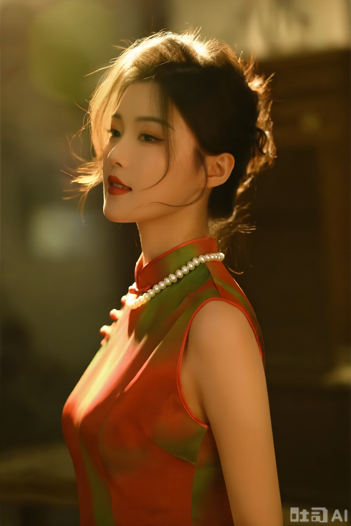 女性着红绿色渐变无袖新中式旗袍,珍珠项链点缀,发髻发丝微乱,暖黄逆光勾勒轮廓,突出复古精致感。,模糊动态背景